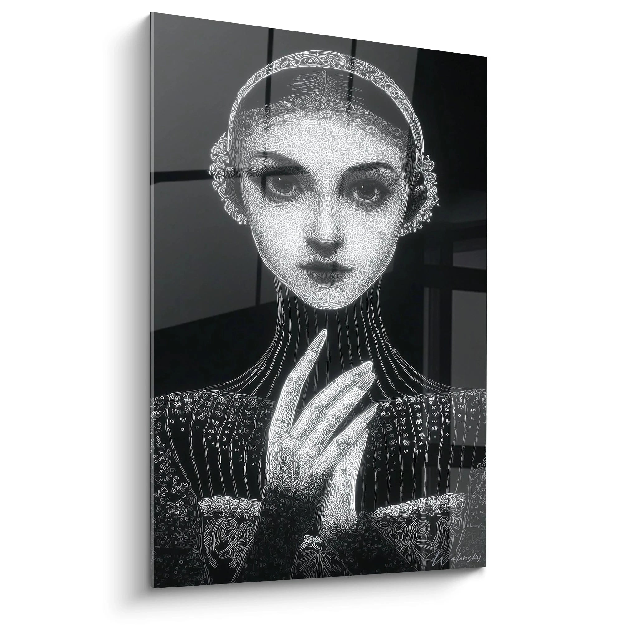 Tableau mural portrait féminin noir et blanc de Walensky avec des détails artistiques raffinés