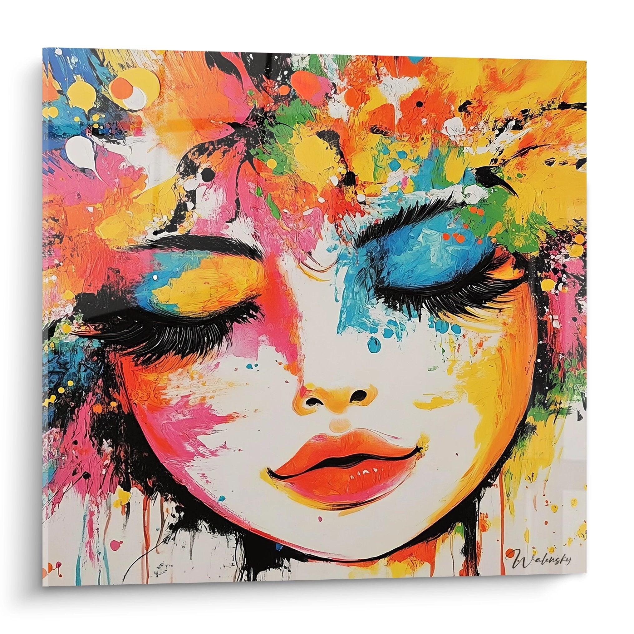 Tableau portrait femme abstrait coloré avec éclaboussures peinture vives decoration murale moderne