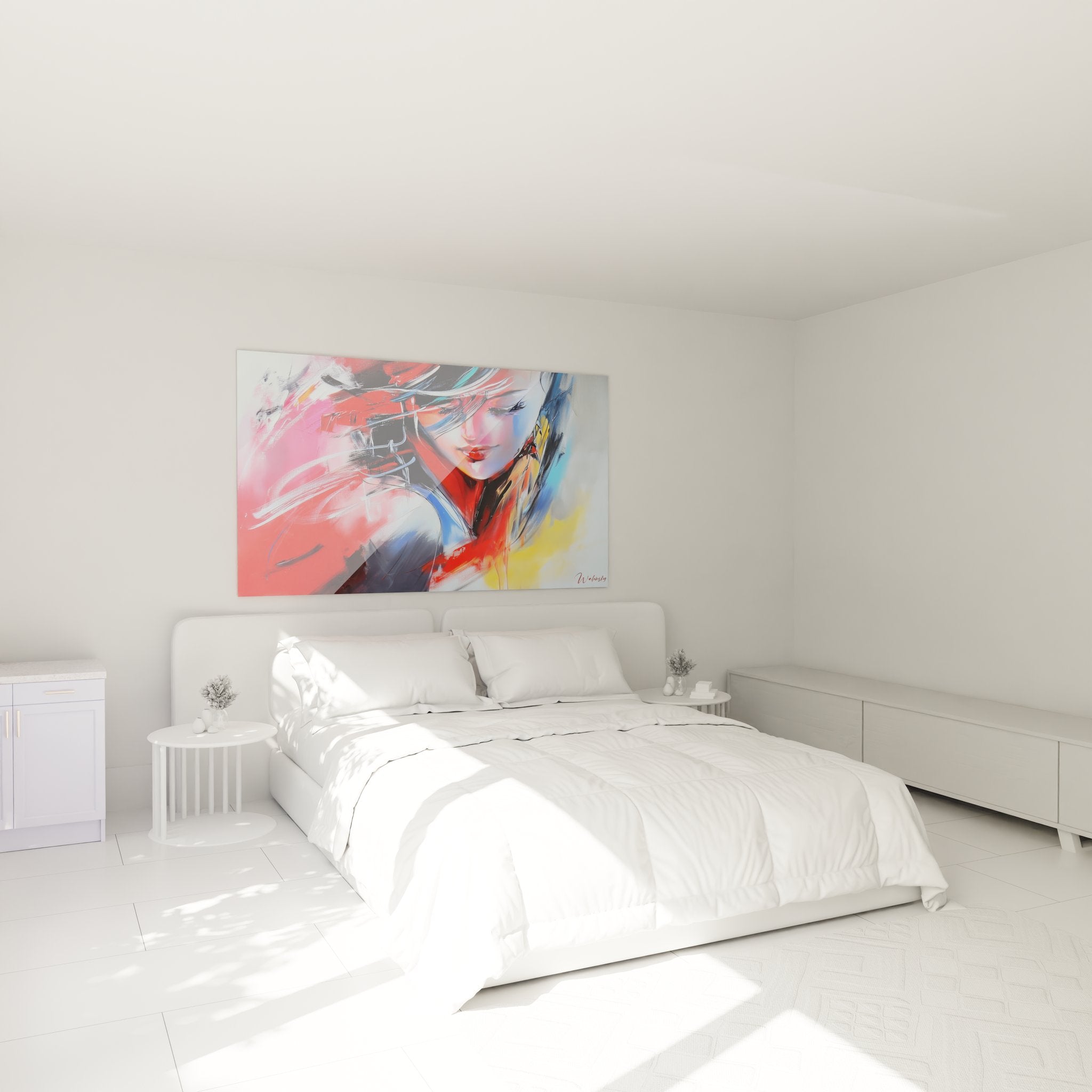 Tableau femme portrait abstrait décorant élégamment une chambre moderne aux tons neutres