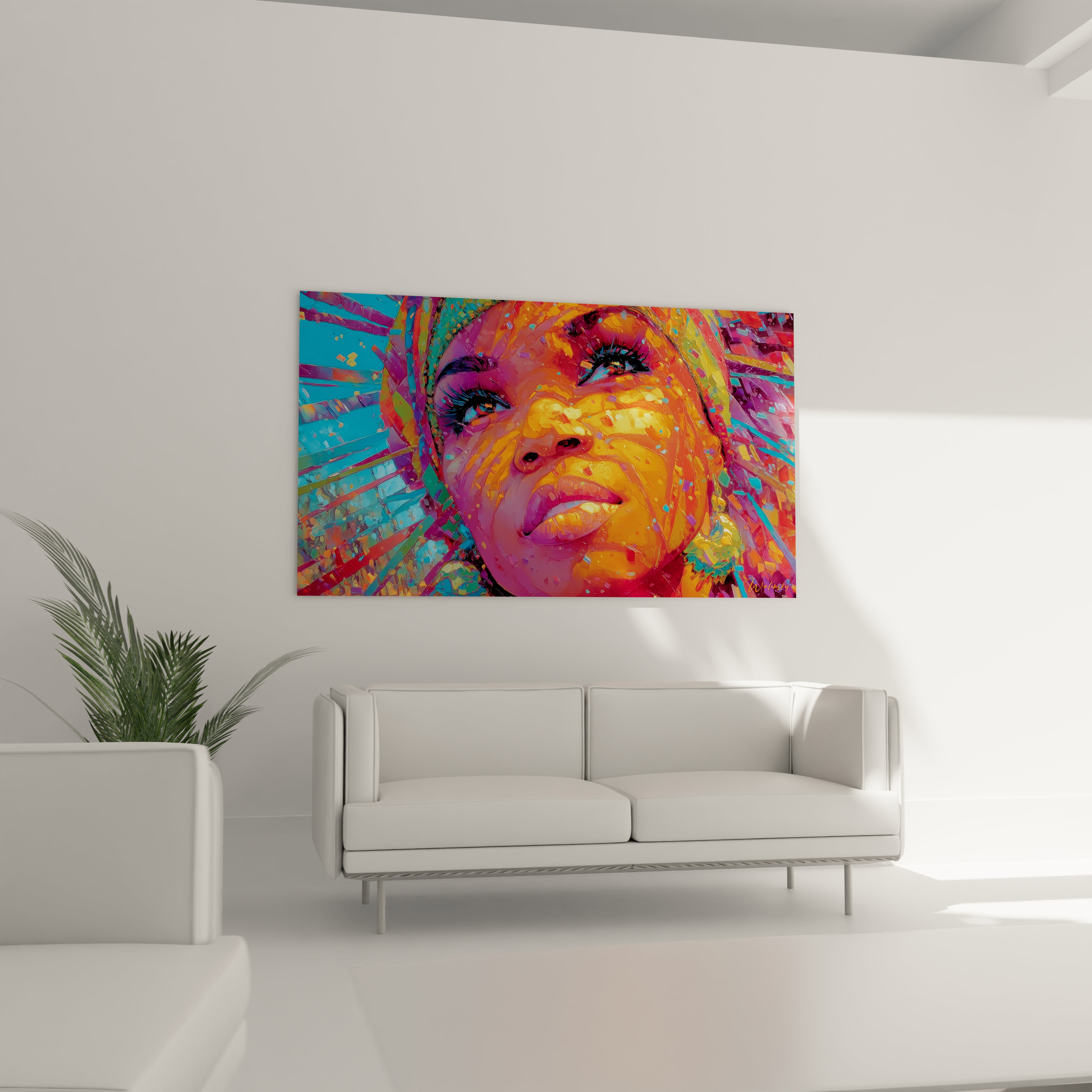 Tableau portrait femme africaine multicolore de Walensky accroché au mur, mettant en valeur des couleurs vives