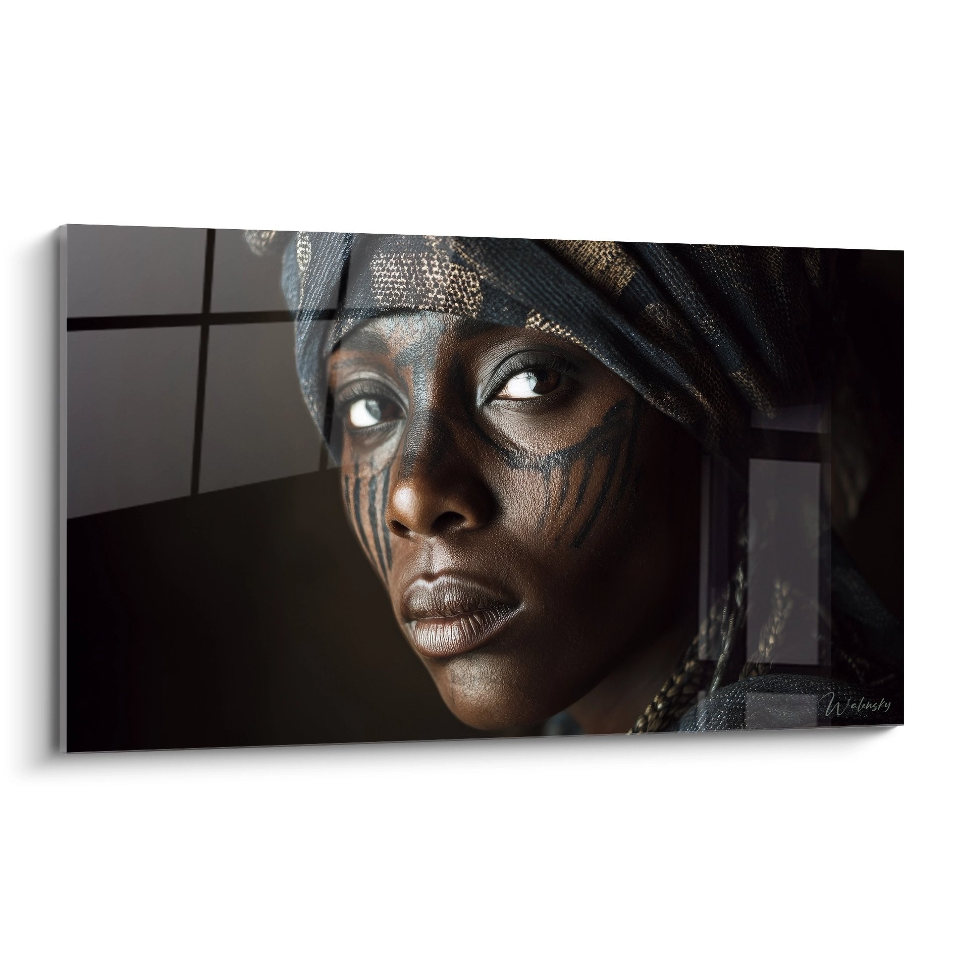 Tableau portrait femme africaine aux yeux blancs et motifs tribaux, art mural ethnique moderne