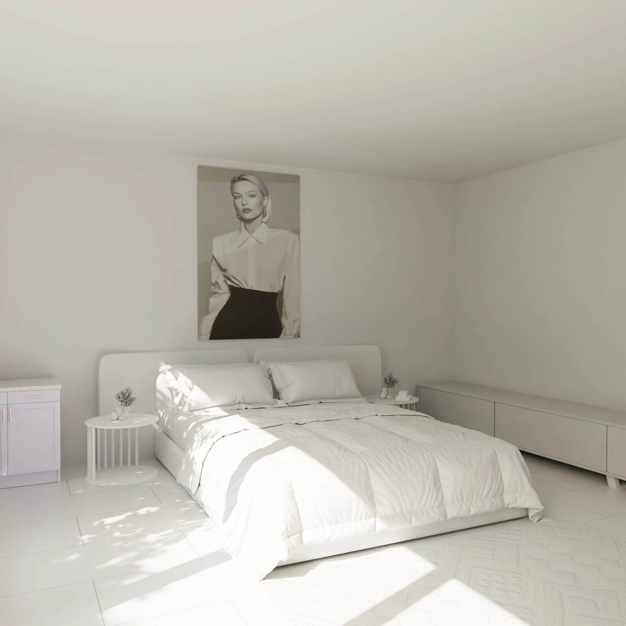 Tableau portrait femme noir et blanc de Walensky décorant une chambre moderne minimaliste