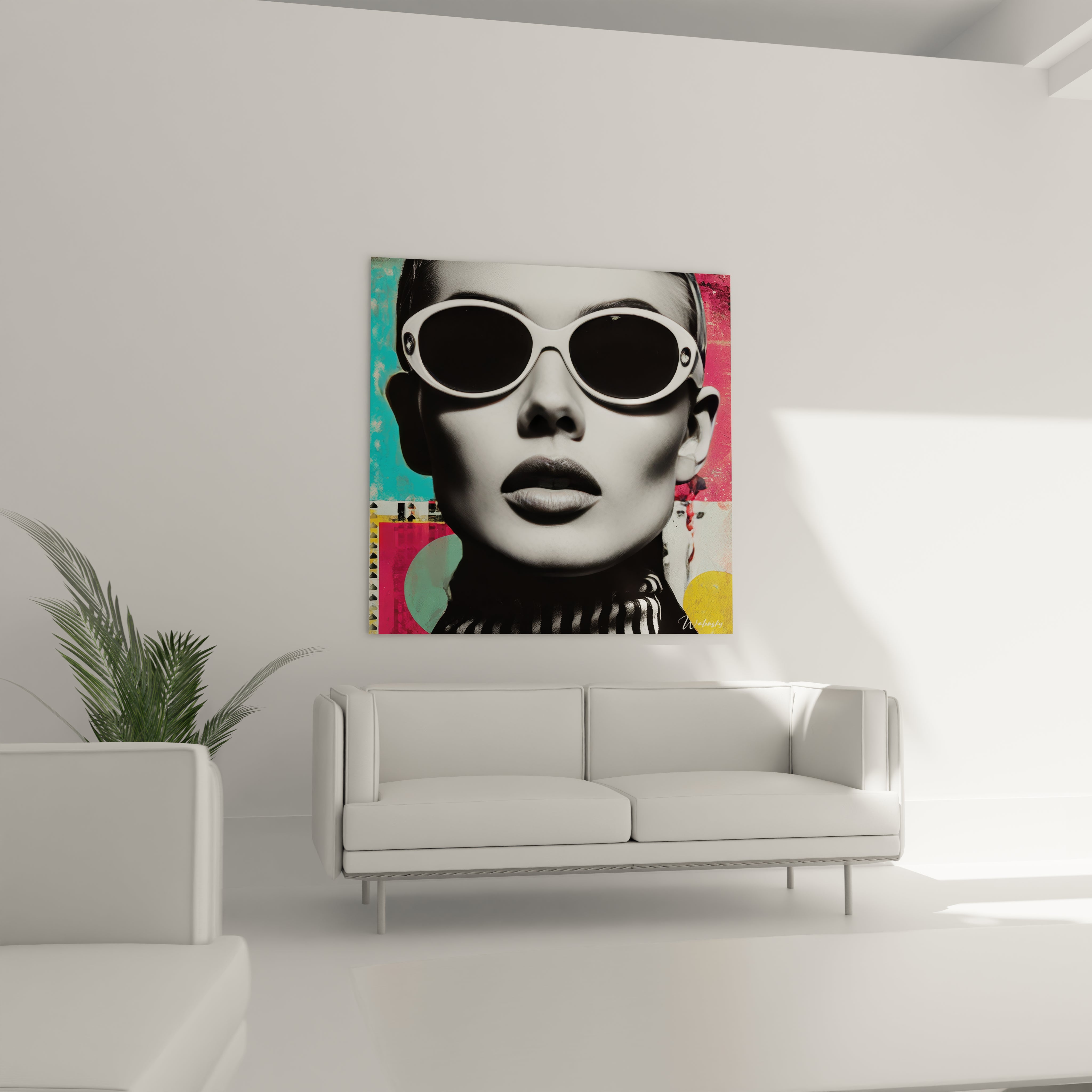 Tableau mural portrait femme années folles avec lunettes de soleil au style moderne sur un mur blanc