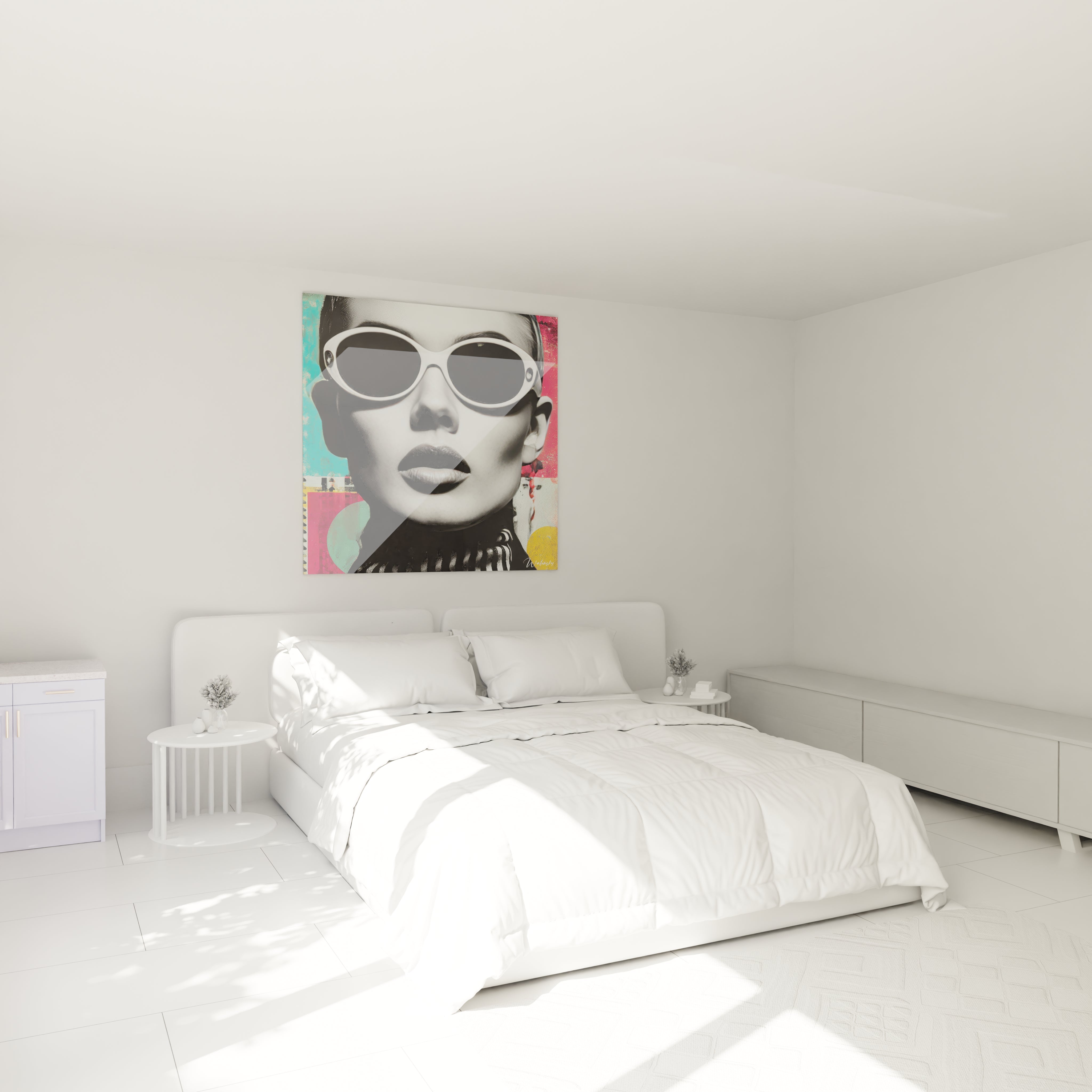 Tableau mural portrait femme années folles dans une chambre moderne avec lit blanc