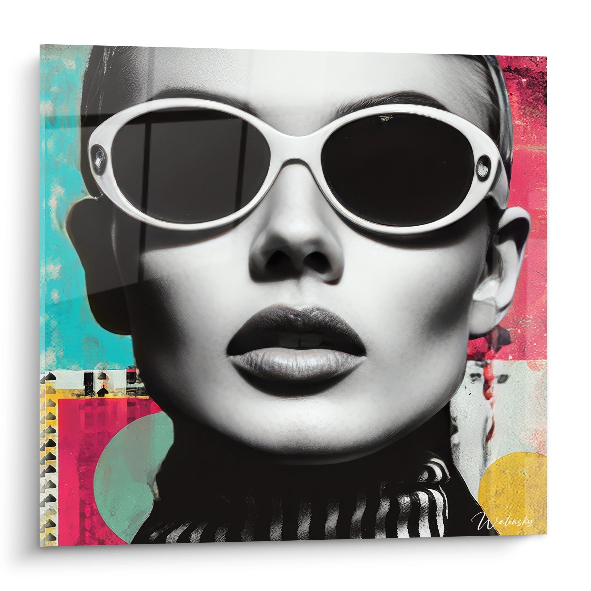 Tableau mural portrait femme années folles avec lunettes tendance et fond coloré