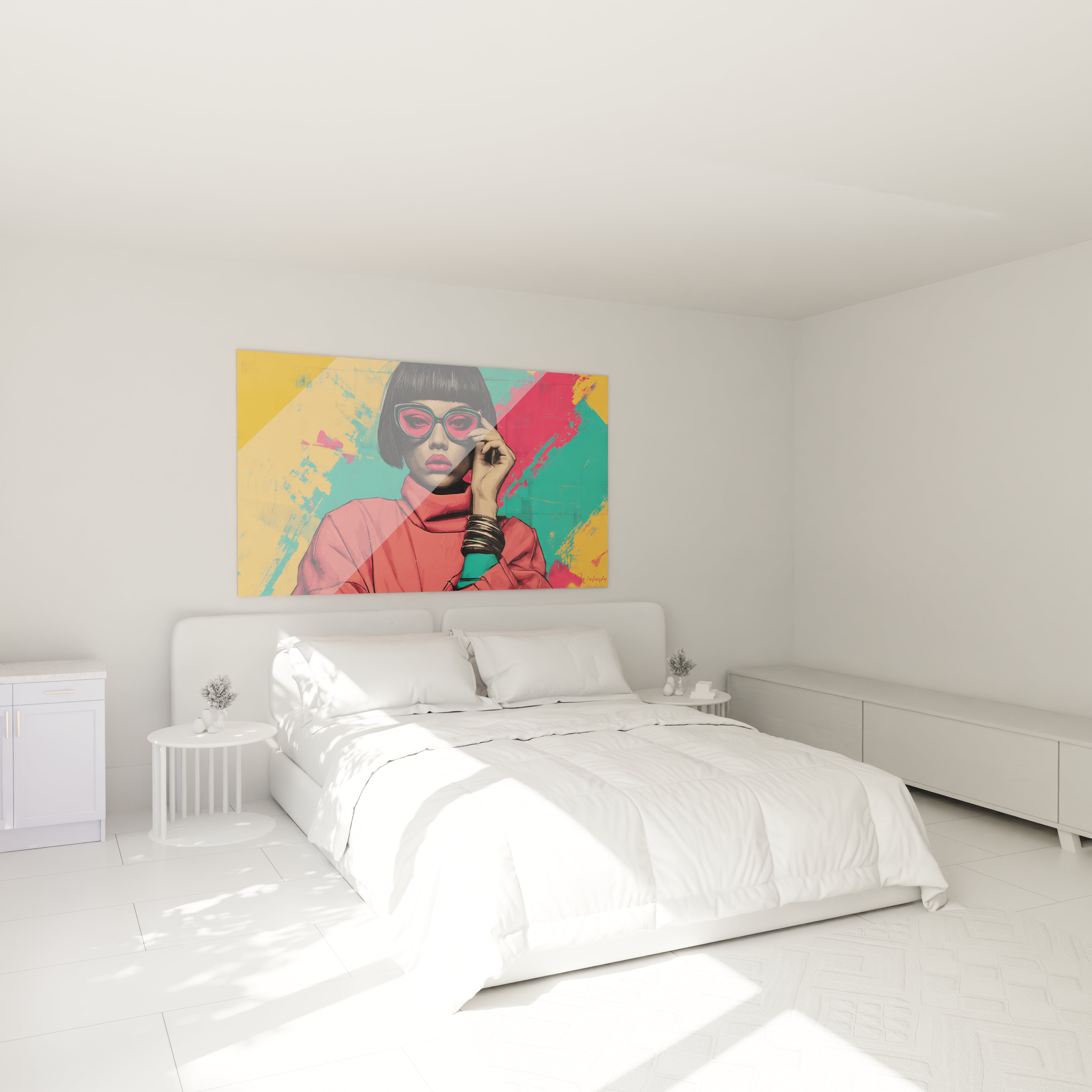 Tableau portrait femme art déco de Walensky sur mur, ajoutant une touche moderne à la chambre.