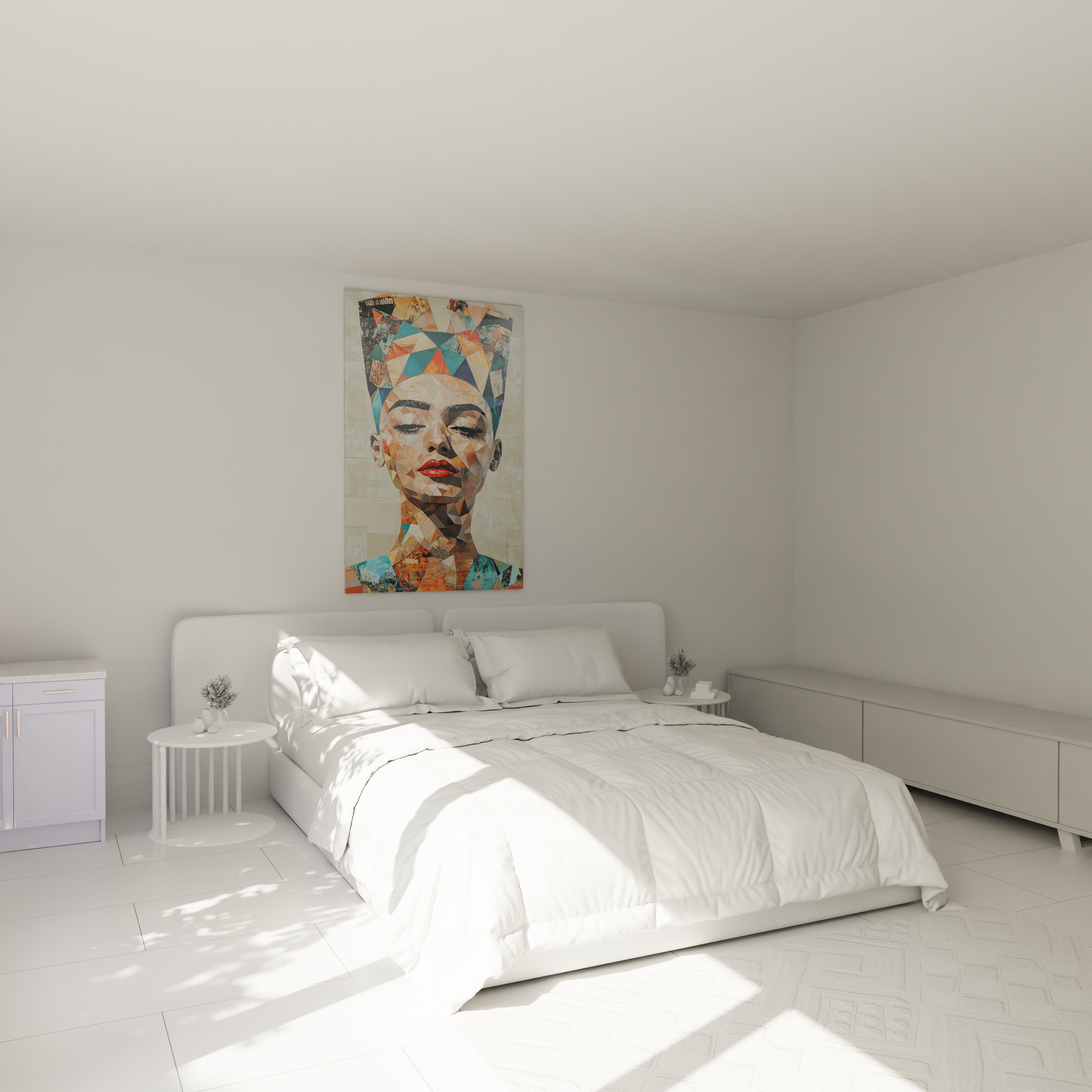 Tableau Egypte mural coloré représentant une reine égyptienne stylisée dans une chambre moderne