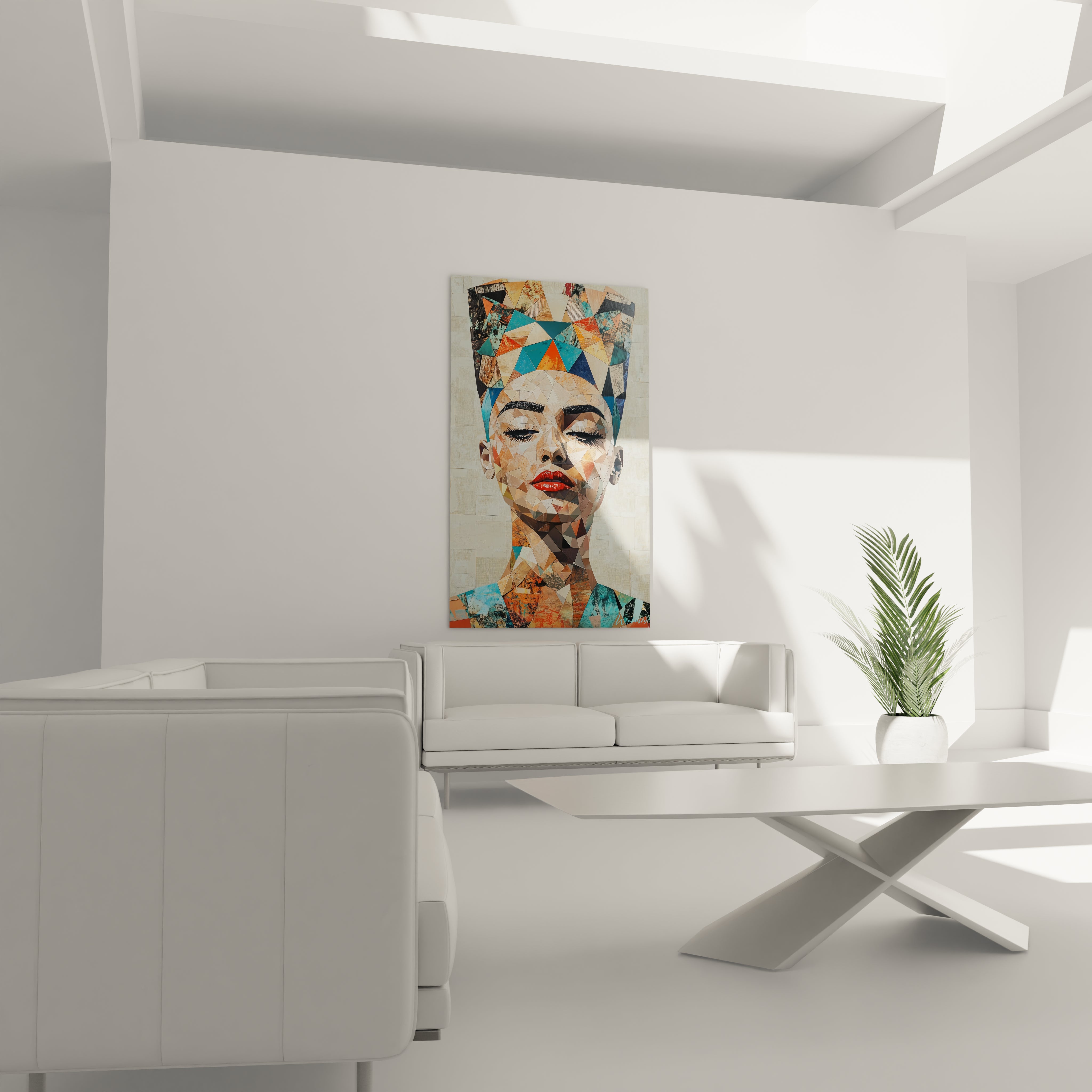 Tableau Egypte mural artistique coloré représentant une femme égyptienne dans un salon moderne