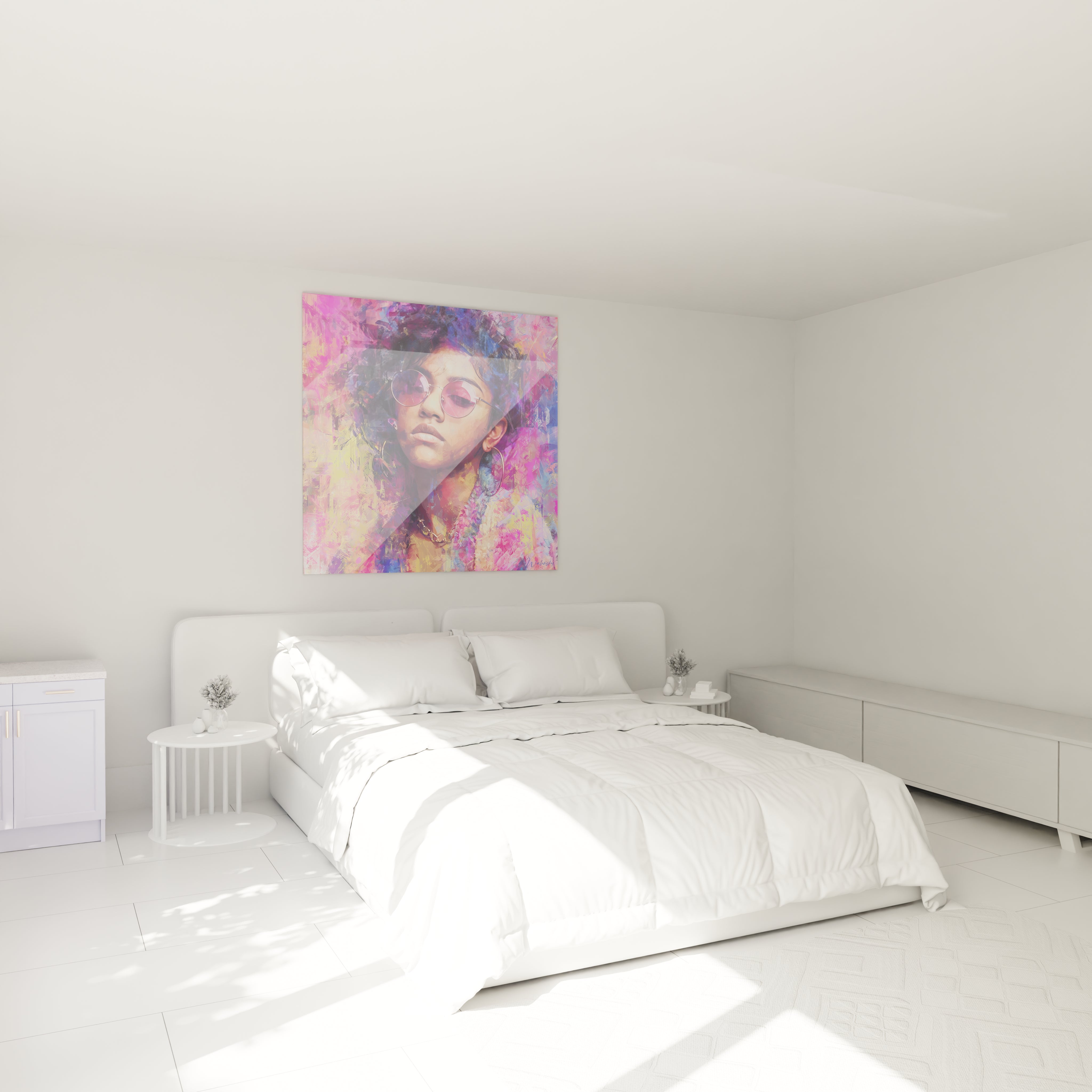 Tableau portrait femme art urbain de Walensky affiché dans une chambre moderne et lumineuse