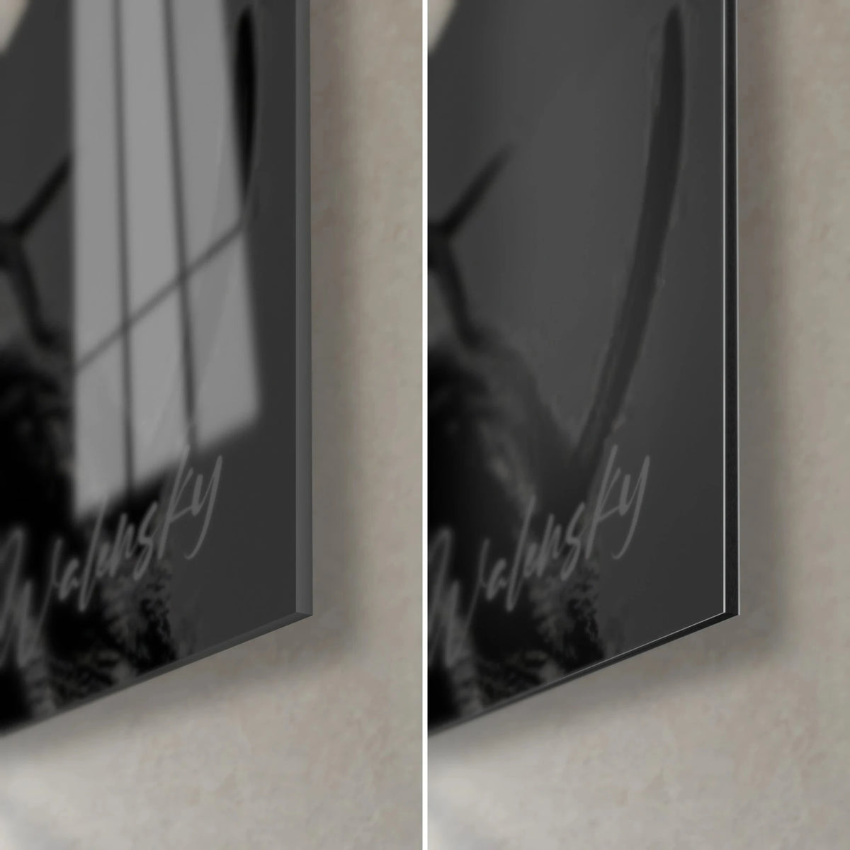 Schilderij muze met ebbenhouten veren, rechter onderhoek: glanzend acrylglas links, mat grijs Dibond rechts, rand van 3 mm