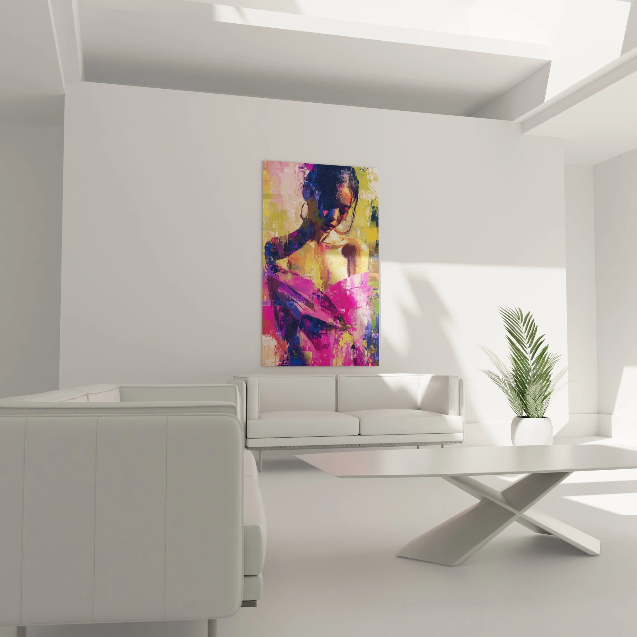 Tableau mural portrait femme abstrait avec des couleurs vives et des formes fluides dans un décor moderne