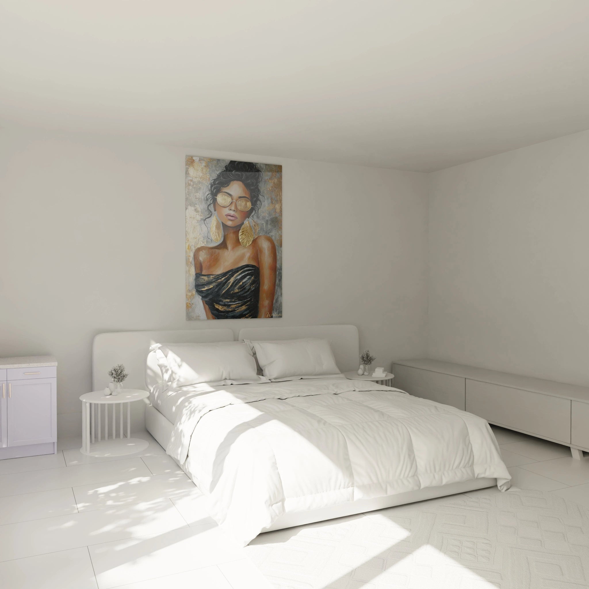 Tableau portrait femme moderne de Walensky, décoratif pour chambre à coucher lumineuse.