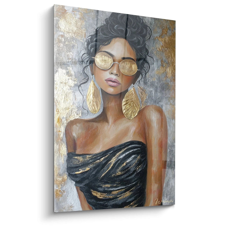 Tableau Portrait Femme - Beauté aux Lunettes d'Or - édition visage de la mode