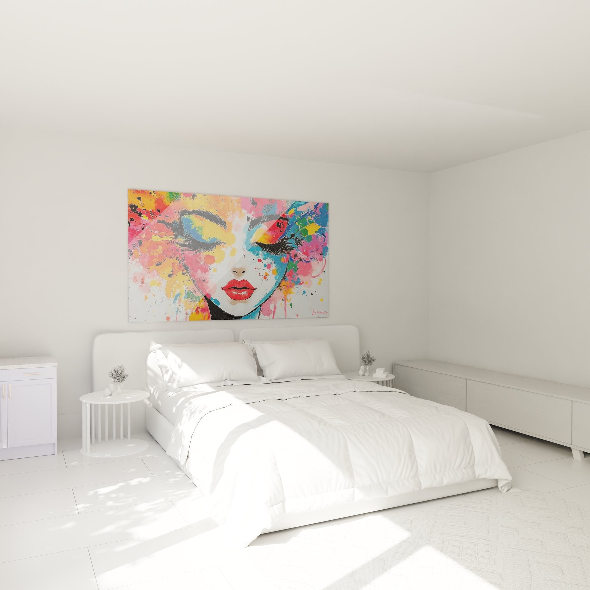 Ambiance chambre avec tableau portrait femme coloré abstrait accroché au mur