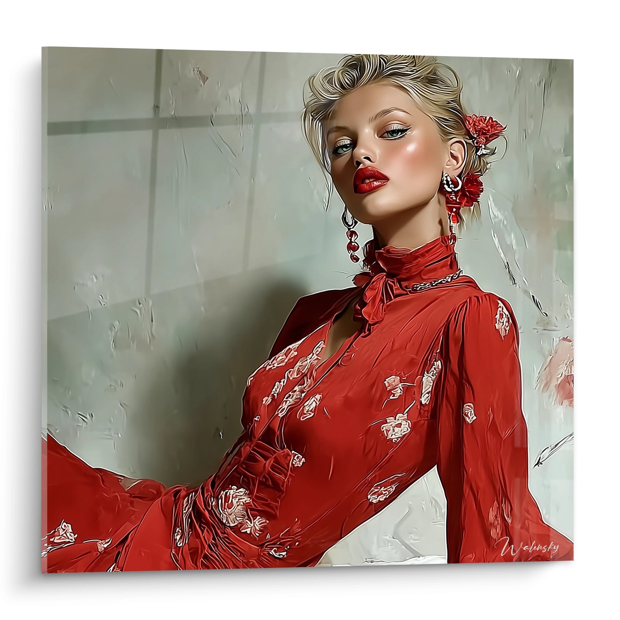 Tableau mural portrait femme élégant en tenue rouge avec des bijoux assortis et un style moderne
