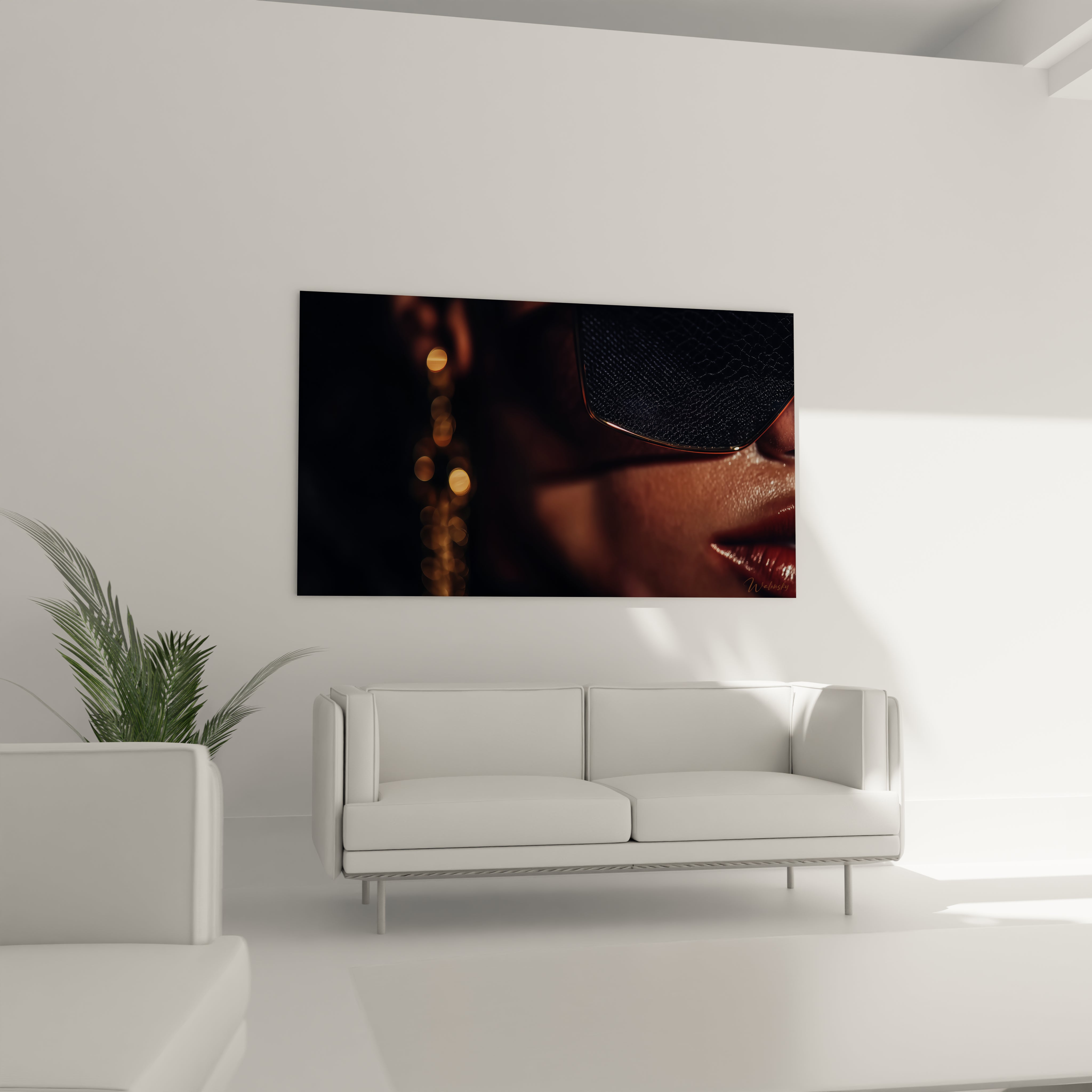 Tableau mural portrait femme élégant avec des lunettes de soleil et des accessoires dorés