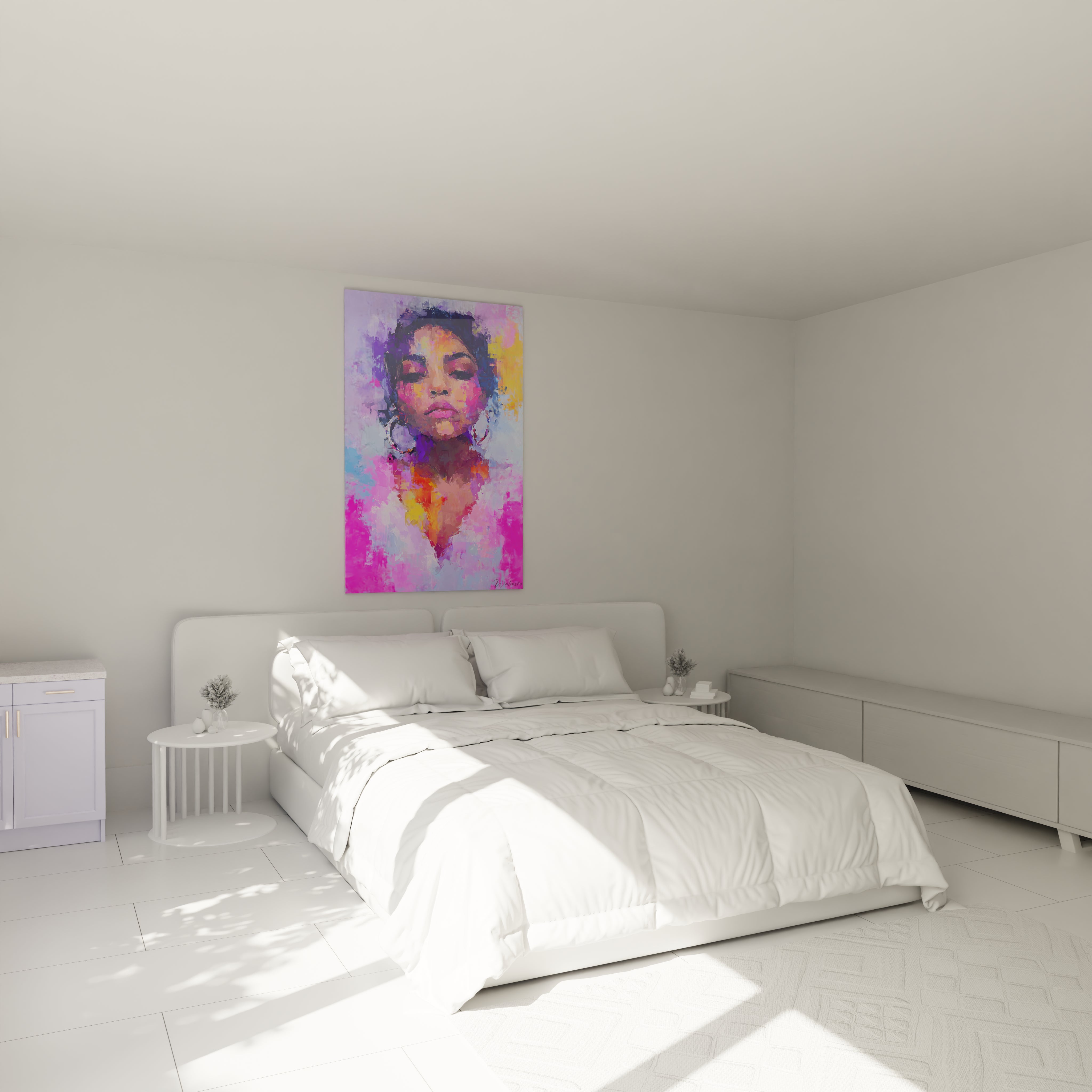 Tableau portrait femme expressionniste coloré accroché dans une chambre moderne et lumineuse