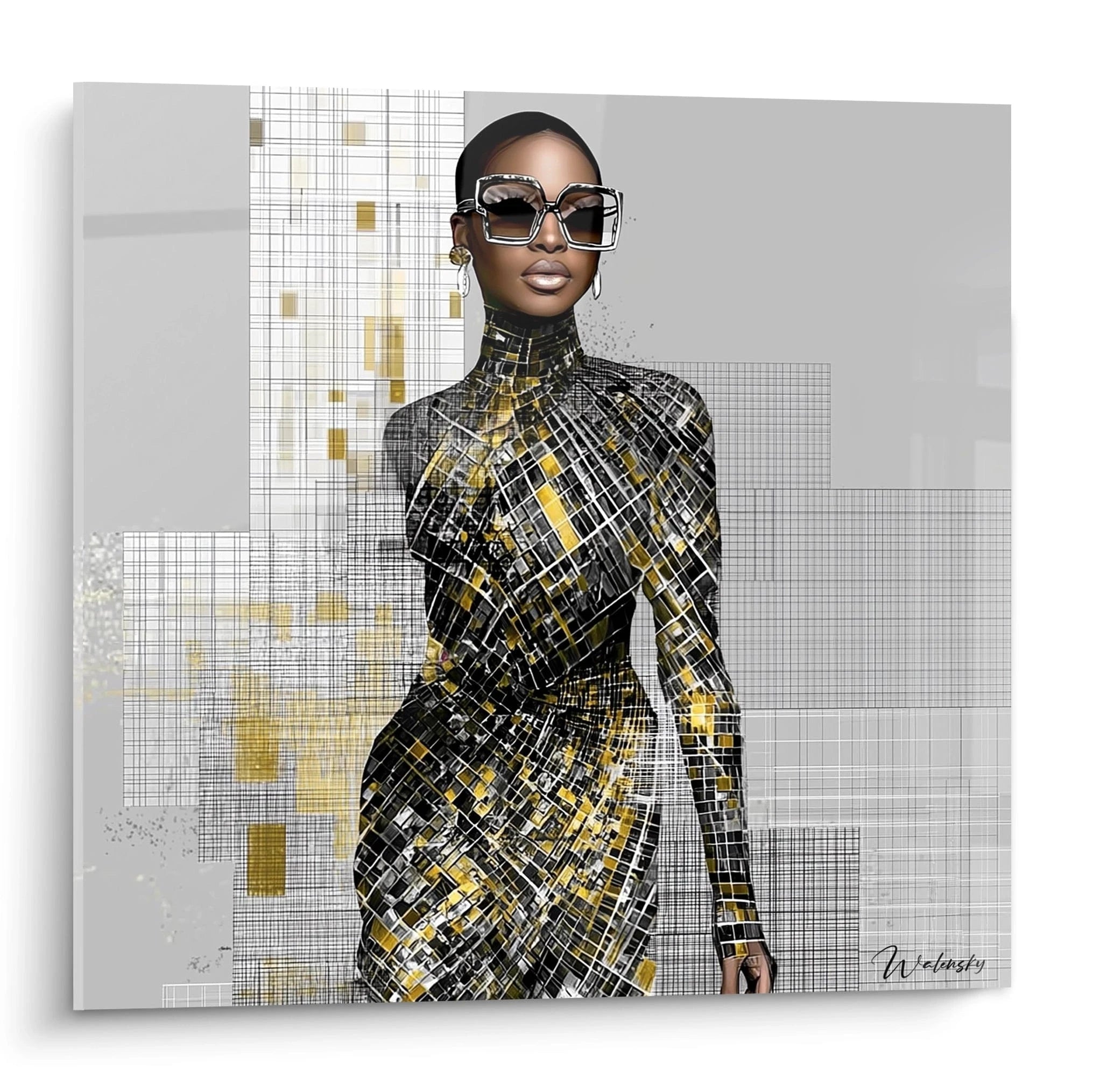 Tableau mural portrait femme haute couture avec un motif graphique noir et doré, représentant un style élégant