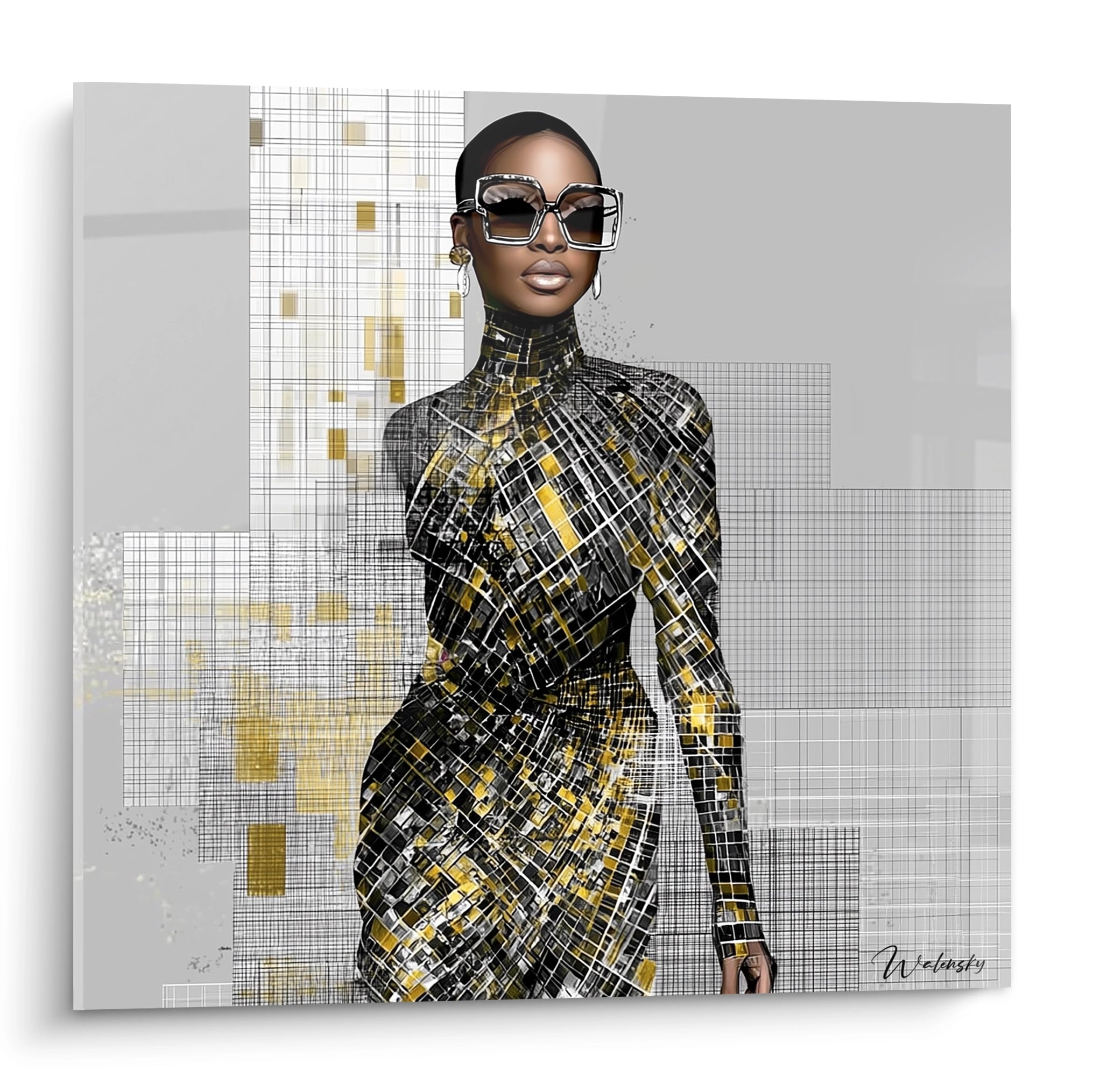 Tableau mural portrait femme haute couture avec un motif graphique noir et doré, représentant un style élégant
