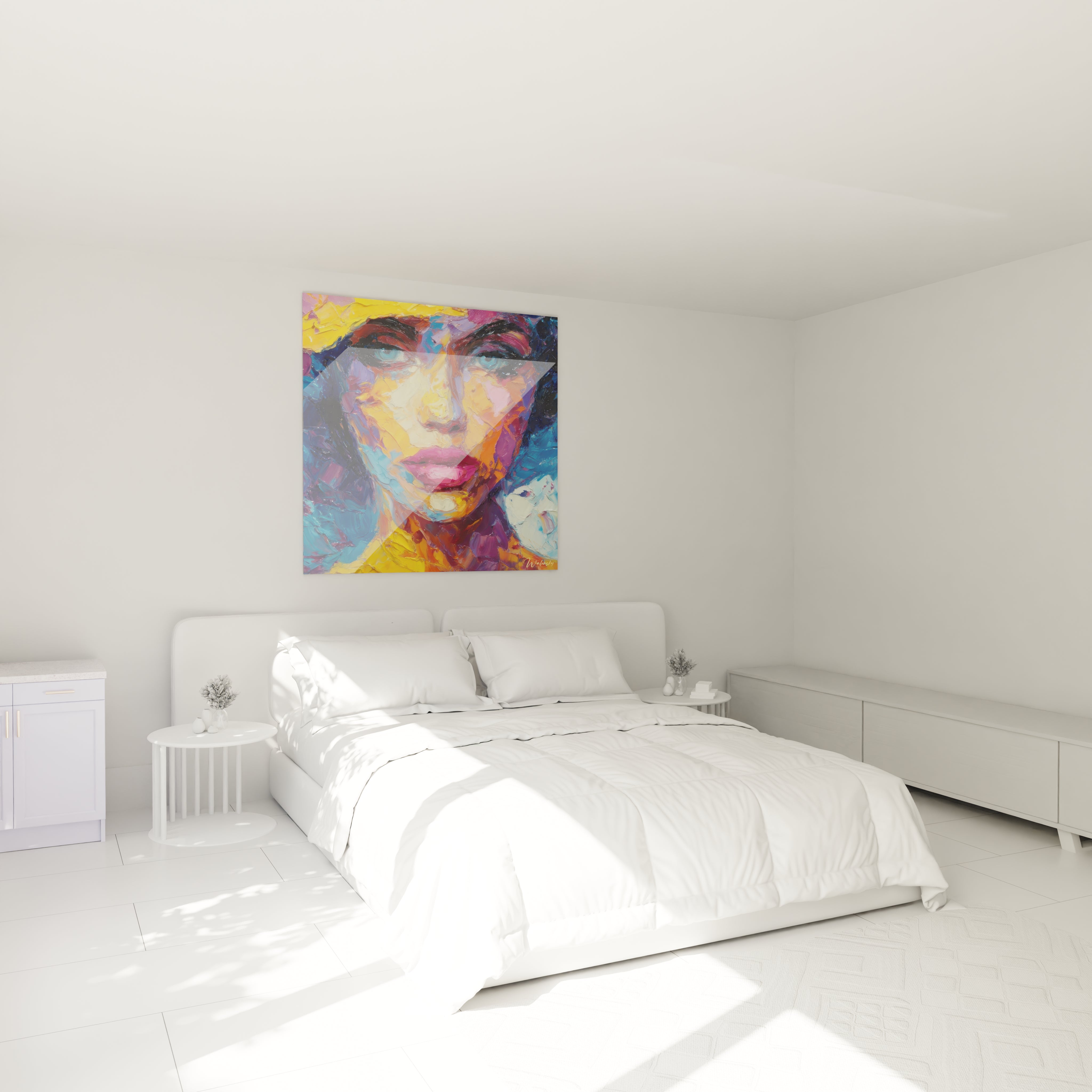 Tableau portrait femme moderne de Walensky dans une chambre lumineuse avec un lit blanc