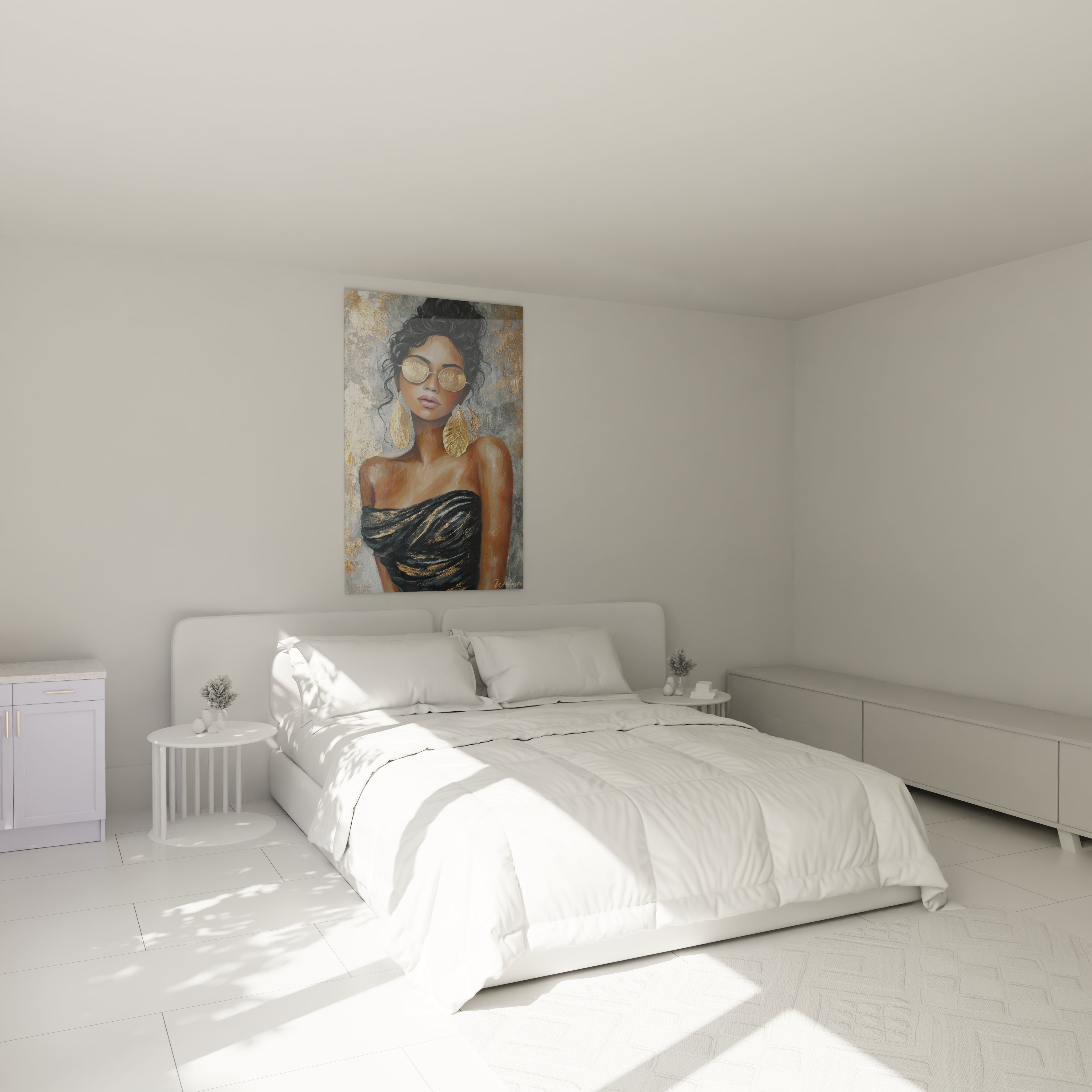 Tableau portrait femme moderne de Walensky, décoratif pour chambre à coucher lumineuse.