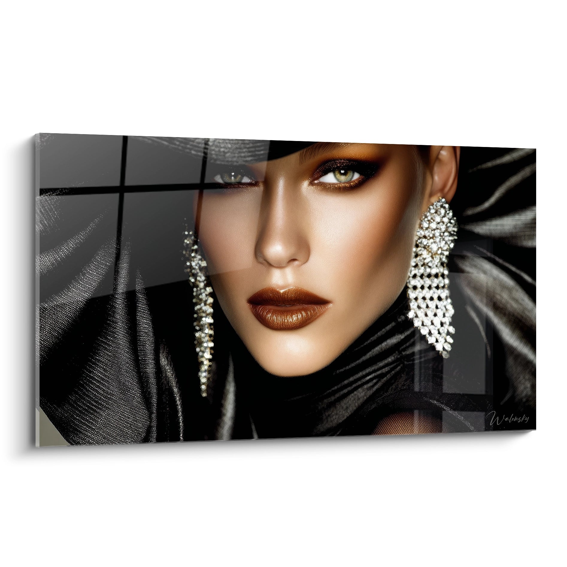 Tableau mural portrait femme moderne avec des accessoires brillants et un regard captivant