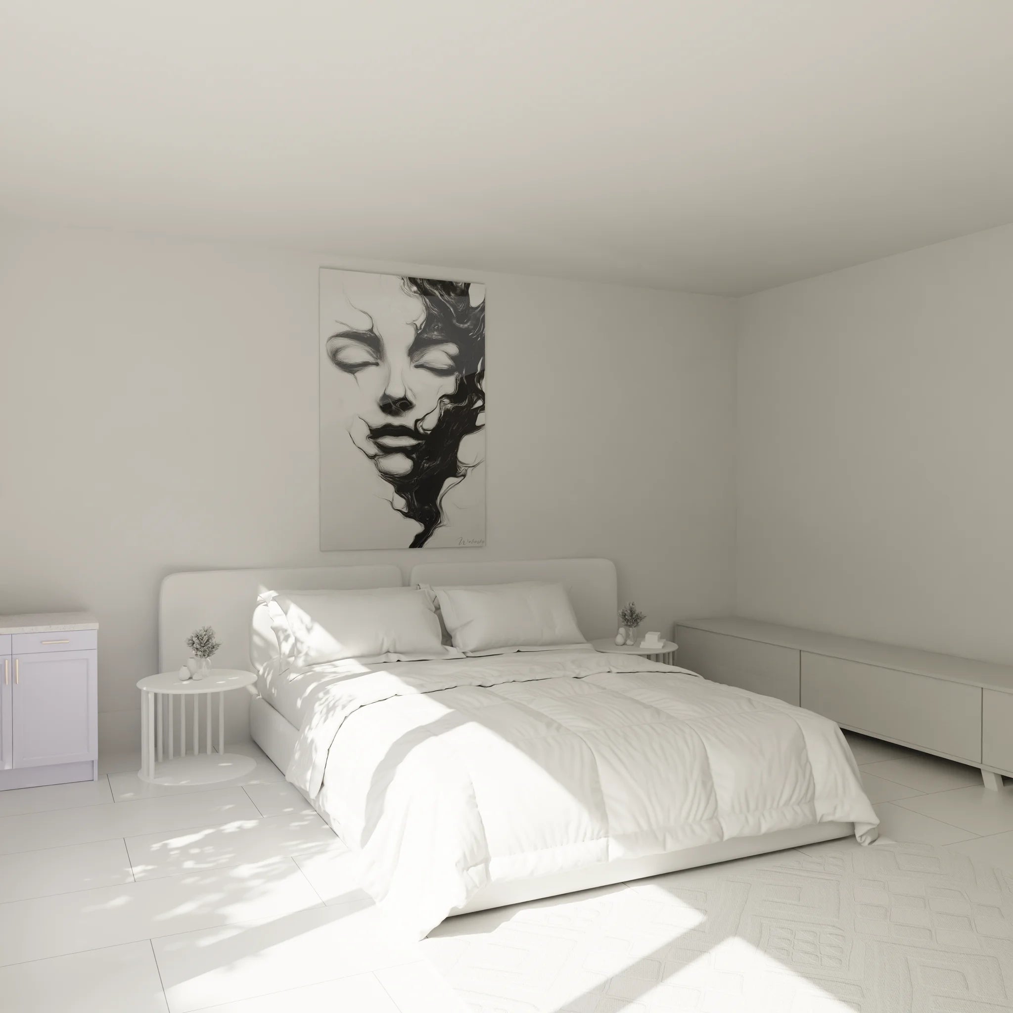Tableau portrait femme noir et blanc dans ambiance chambre moderne avec décoration murale élégante