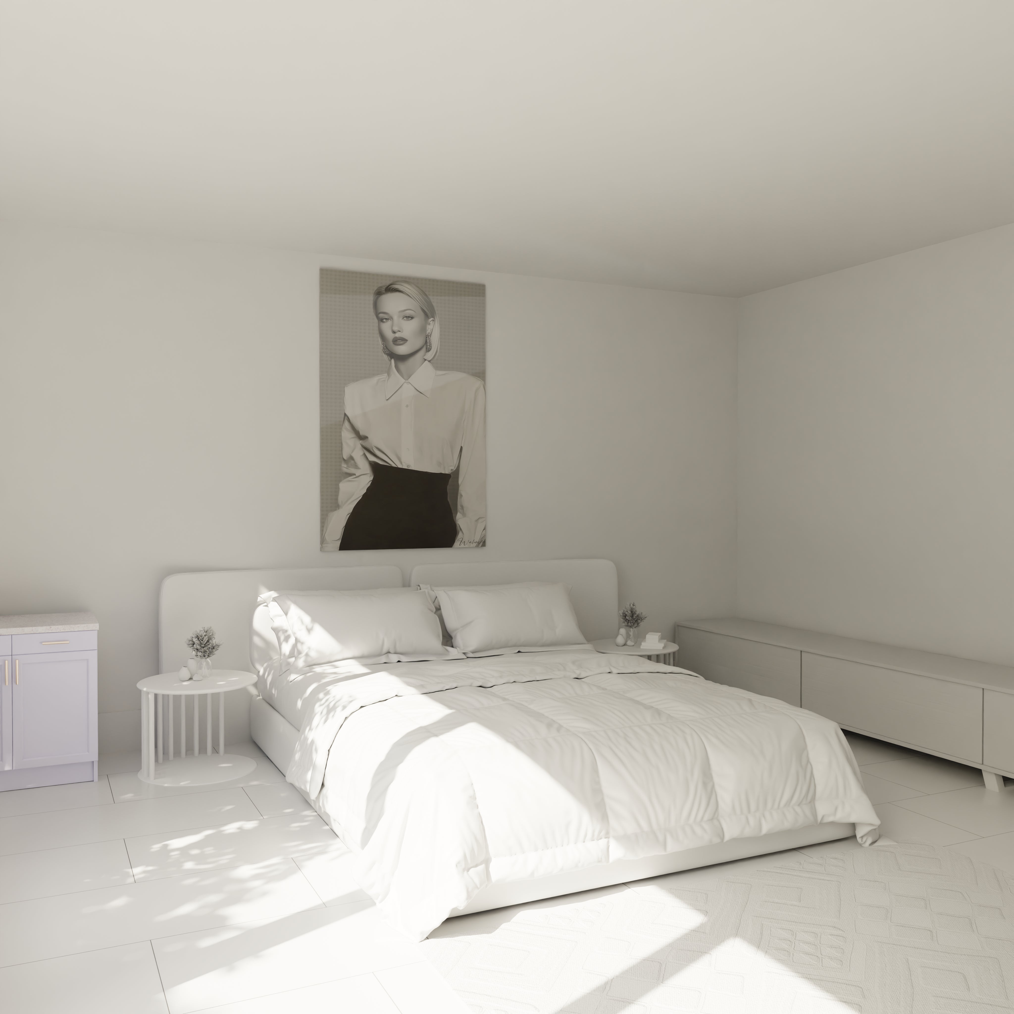 Tableau portrait femme noir et blanc de Walensky décorant une chambre moderne minimaliste