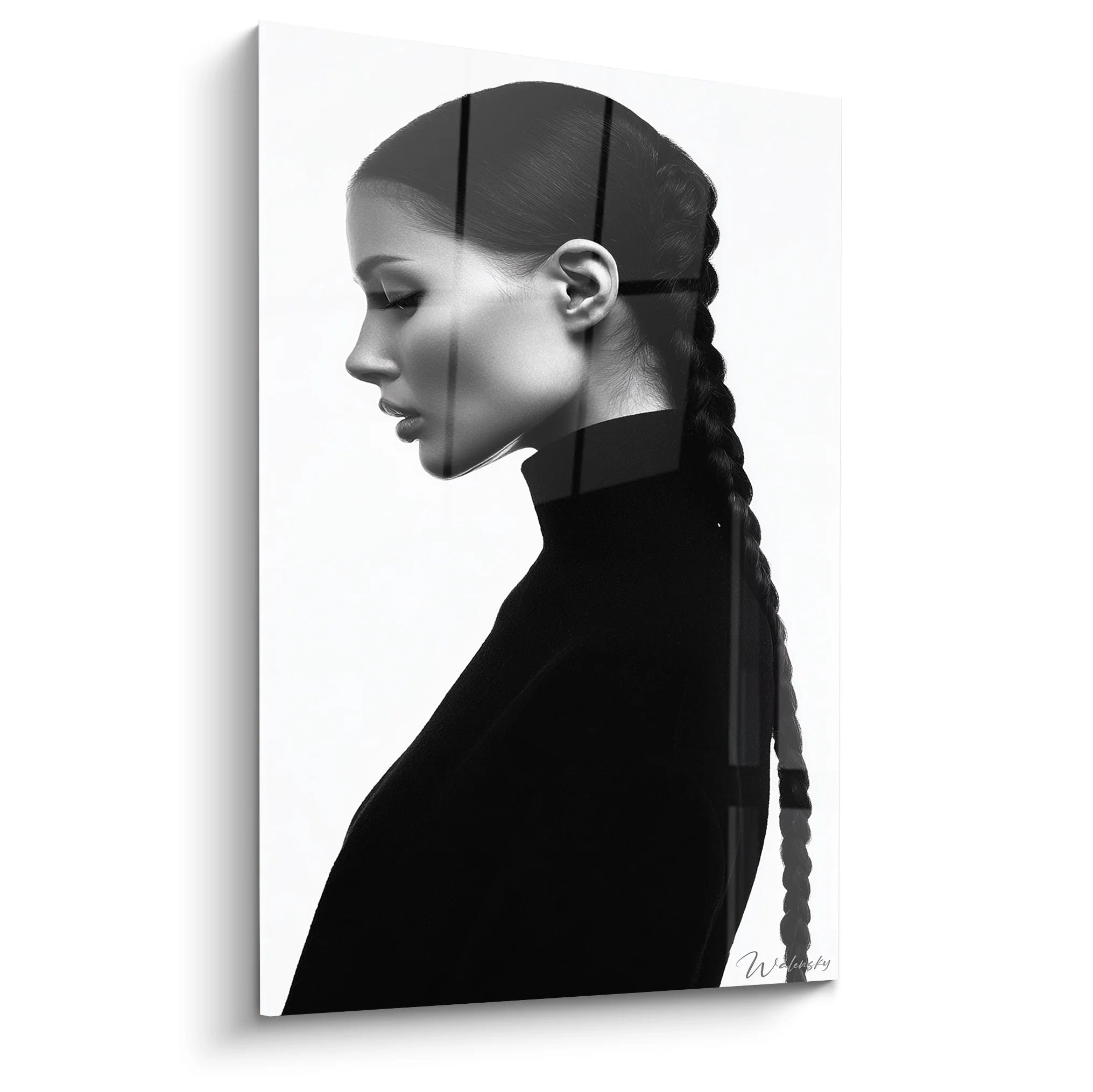 Tableau portrait femme de profil avec tresse élégante en noir et blanc, art mural moderne