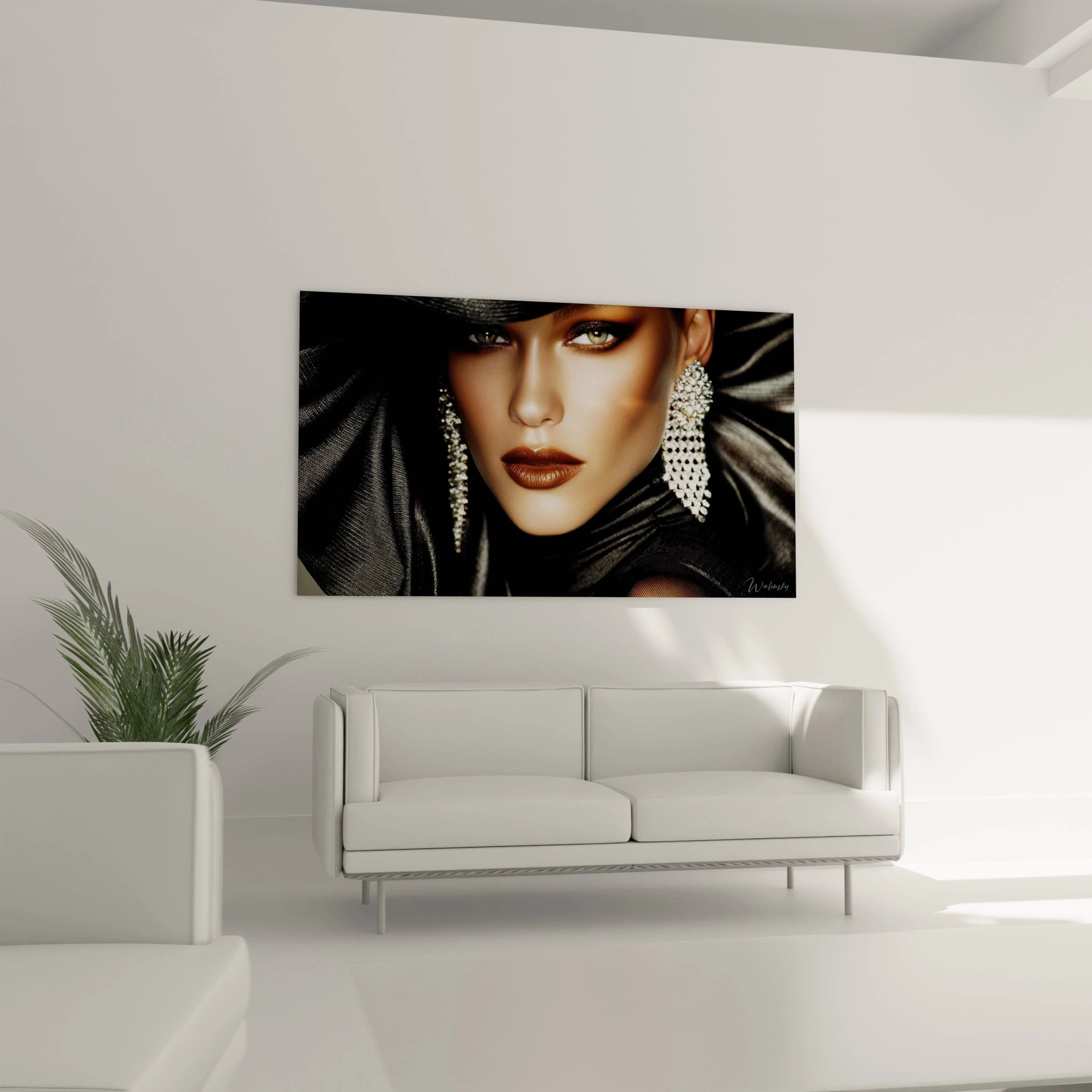 Tableau portrait femme moderne de Walensky avec des accessoires scintillants sur un mur élégant