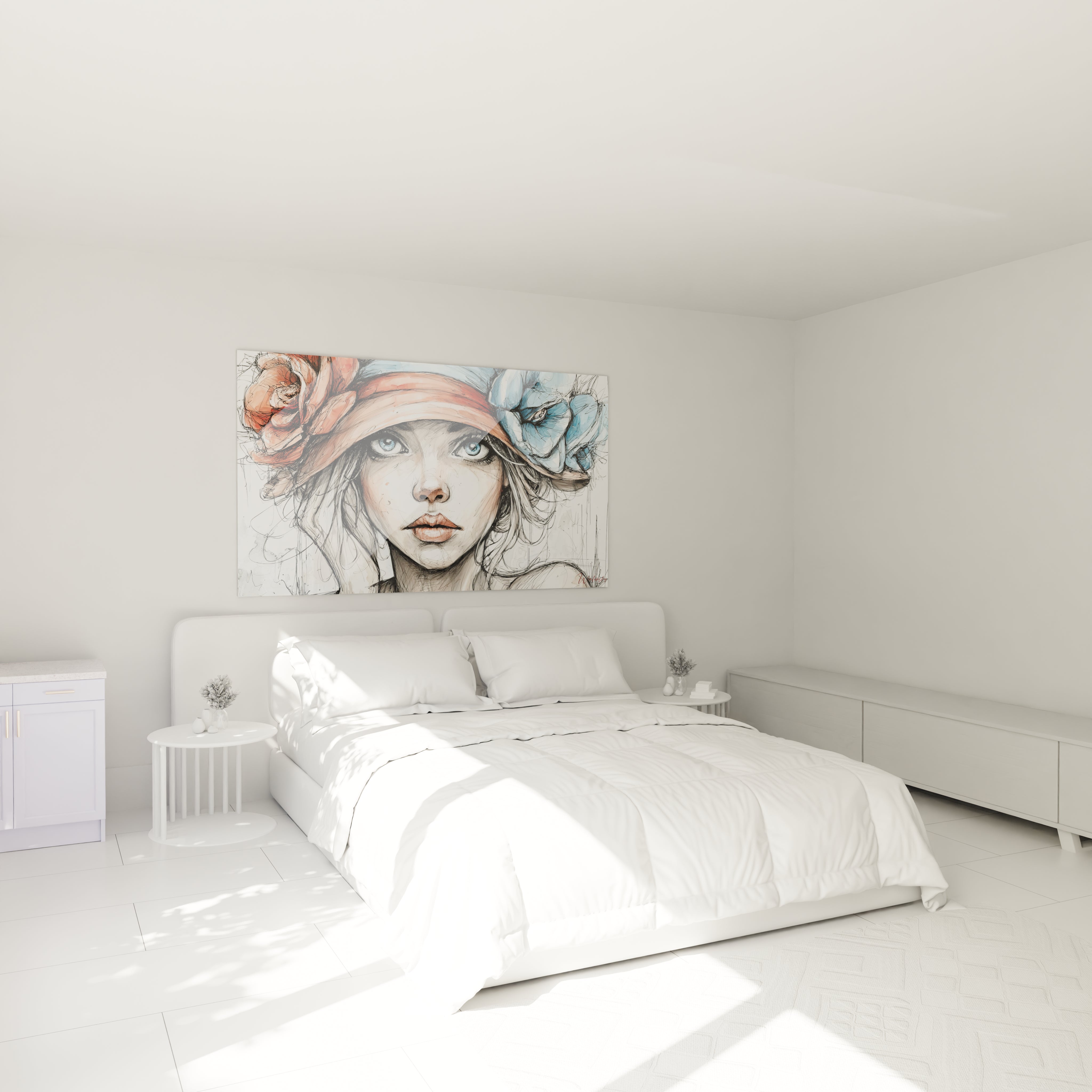 Tableau mural portrait femme romantique avec des fleurs sur fond clair pour décorer une chambre élégante