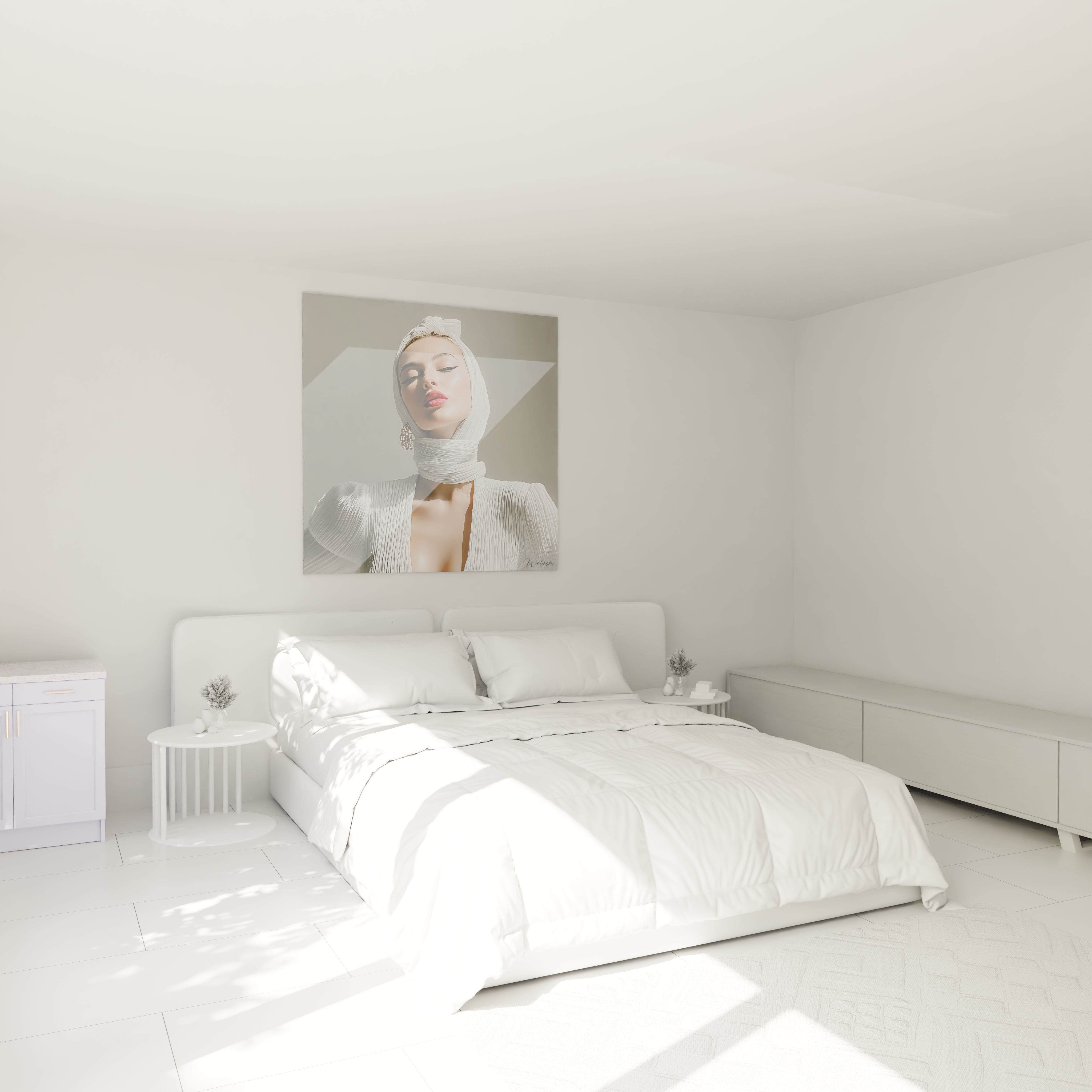 Tableau portrait femme sophistiqué dans une chambre moderne et lumineuse avec mobilier blanc