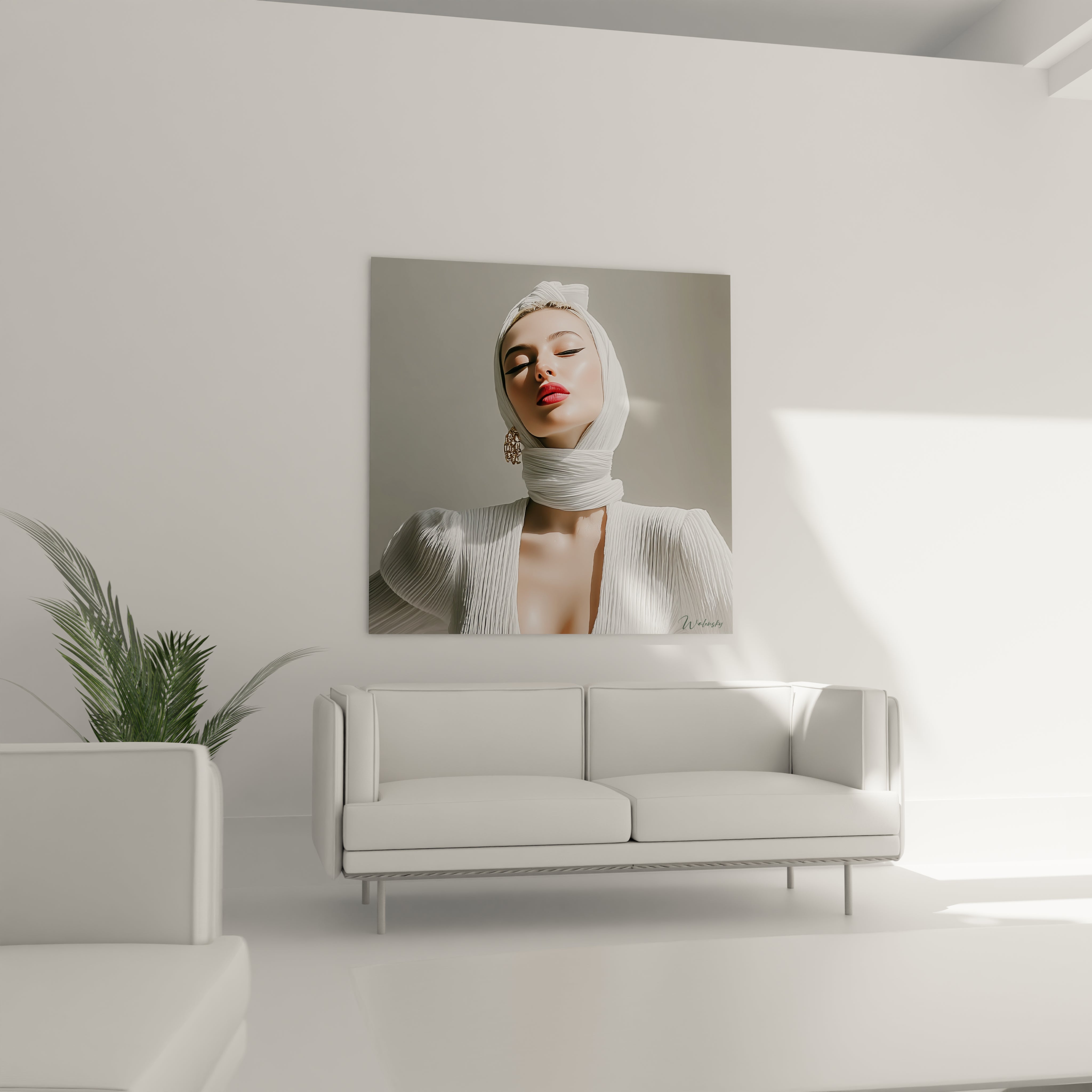 Tableau portrait femme sophistiqué de Walensky sur un mur blanc au-dessus d'un canapé moderne