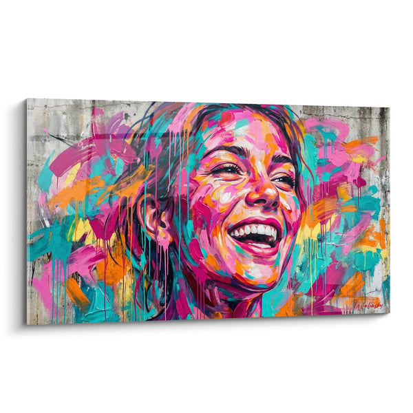 Tafel vrouwelijk gezicht met stralende kleuren roze turquoise oranje - Schittering van vreugde - Editie portret Street art