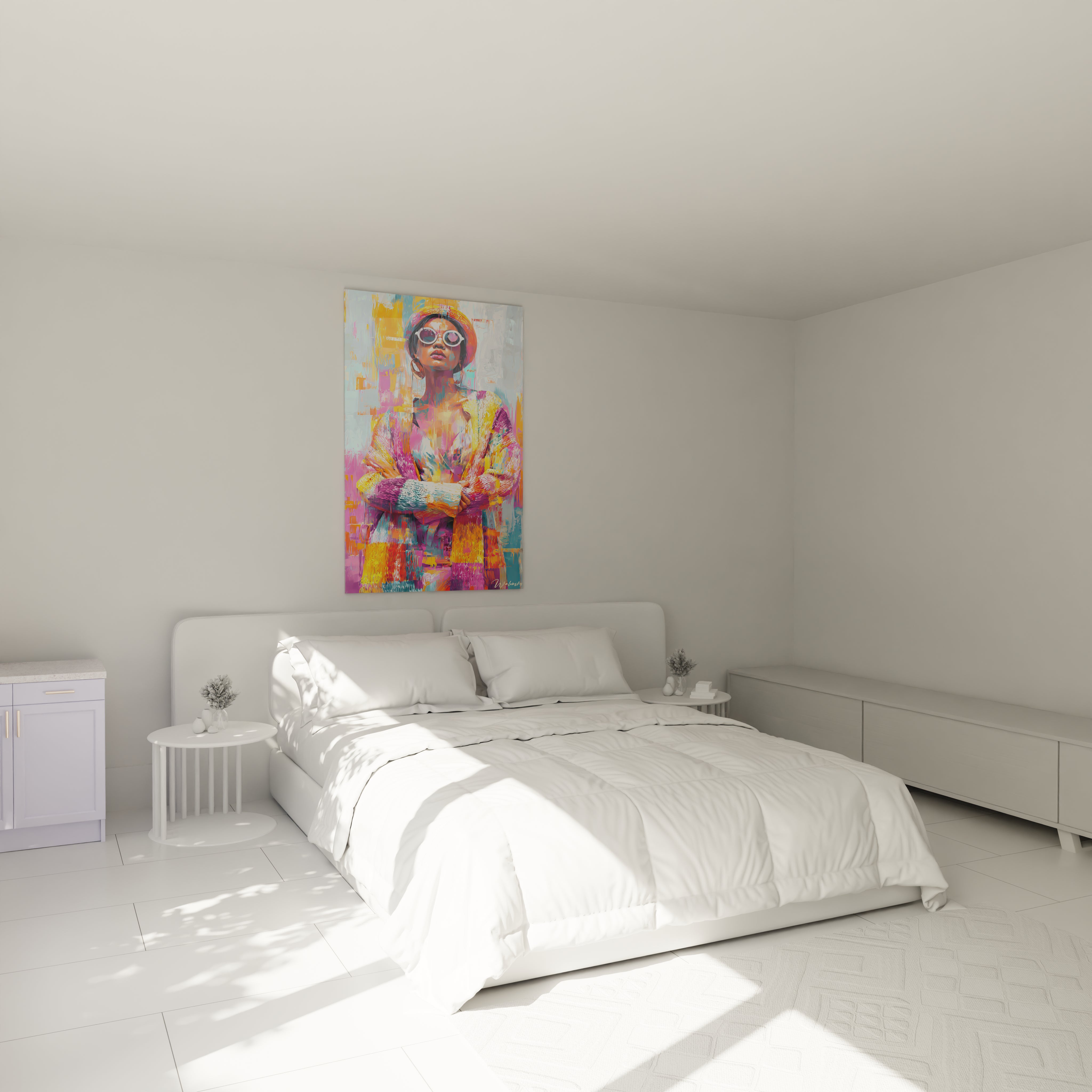 Tableau portrait femme street art de Walensky, ajouté comme décoration dans une chambre moderne