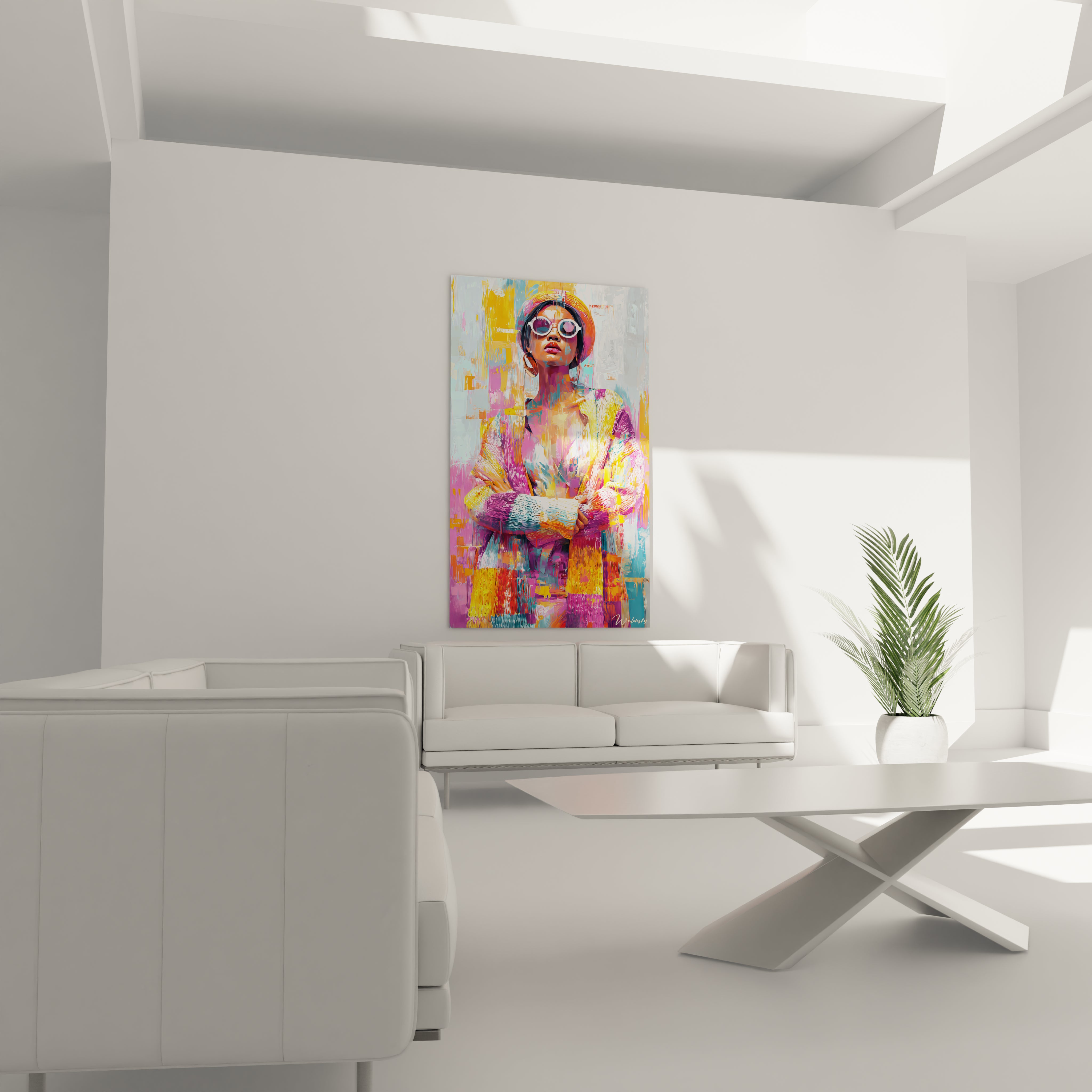 Tableau portrait femme street art de Walensky affiché sur un mur dans un intérieur moderne