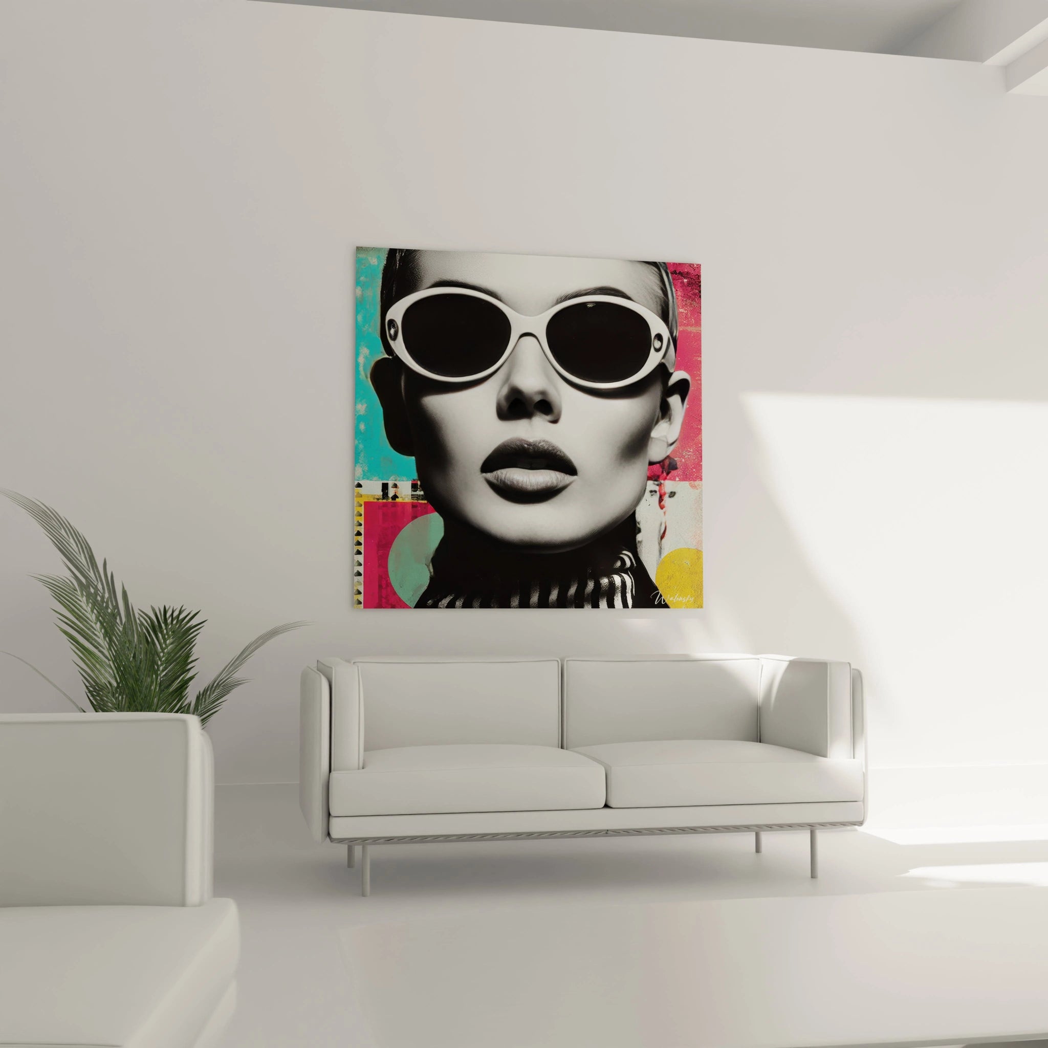 Tableau mural portrait femme années folles avec lunettes de soleil au style moderne sur un mur blanc