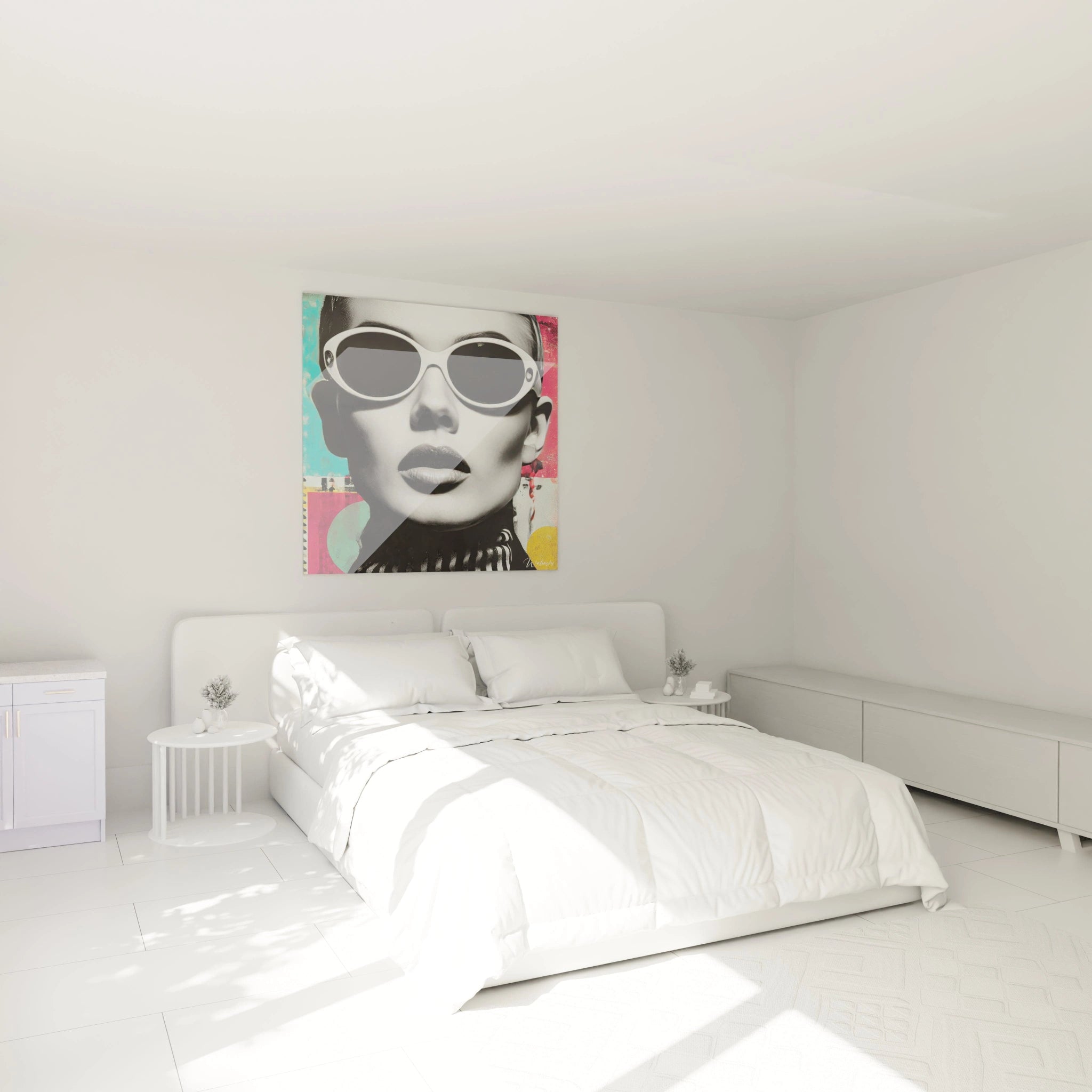 Tableau mural portrait femme années folles dans une chambre moderne avec lit blanc