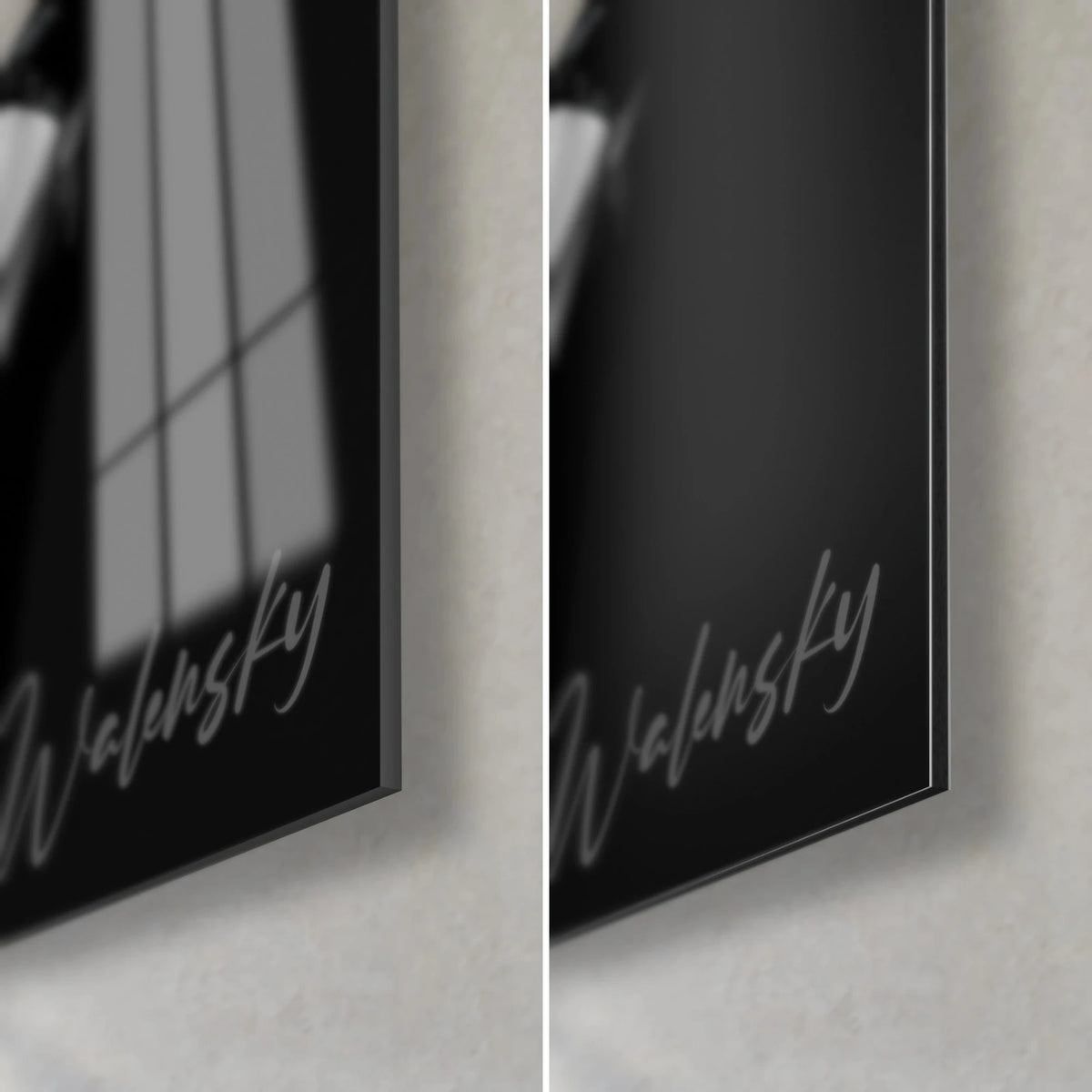 Quadro di una donna con cappello, angolo in basso a destra: vetro nero lucido con riflessi di finestra, Dibond opaco grigio, firma Walensky, bordo da 3 mm