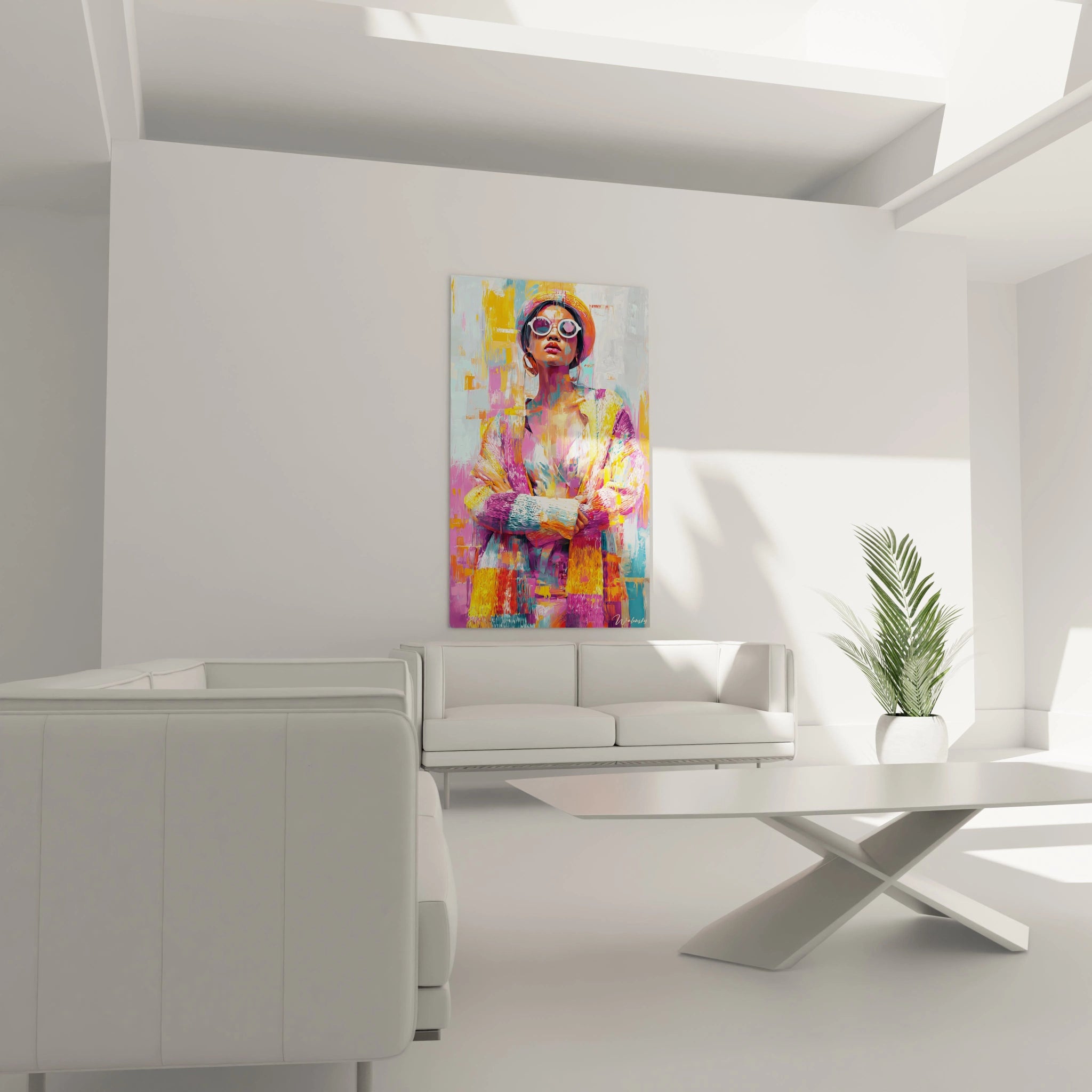 Tableau portrait femme street art de Walensky affiché sur un mur dans un intérieur moderne