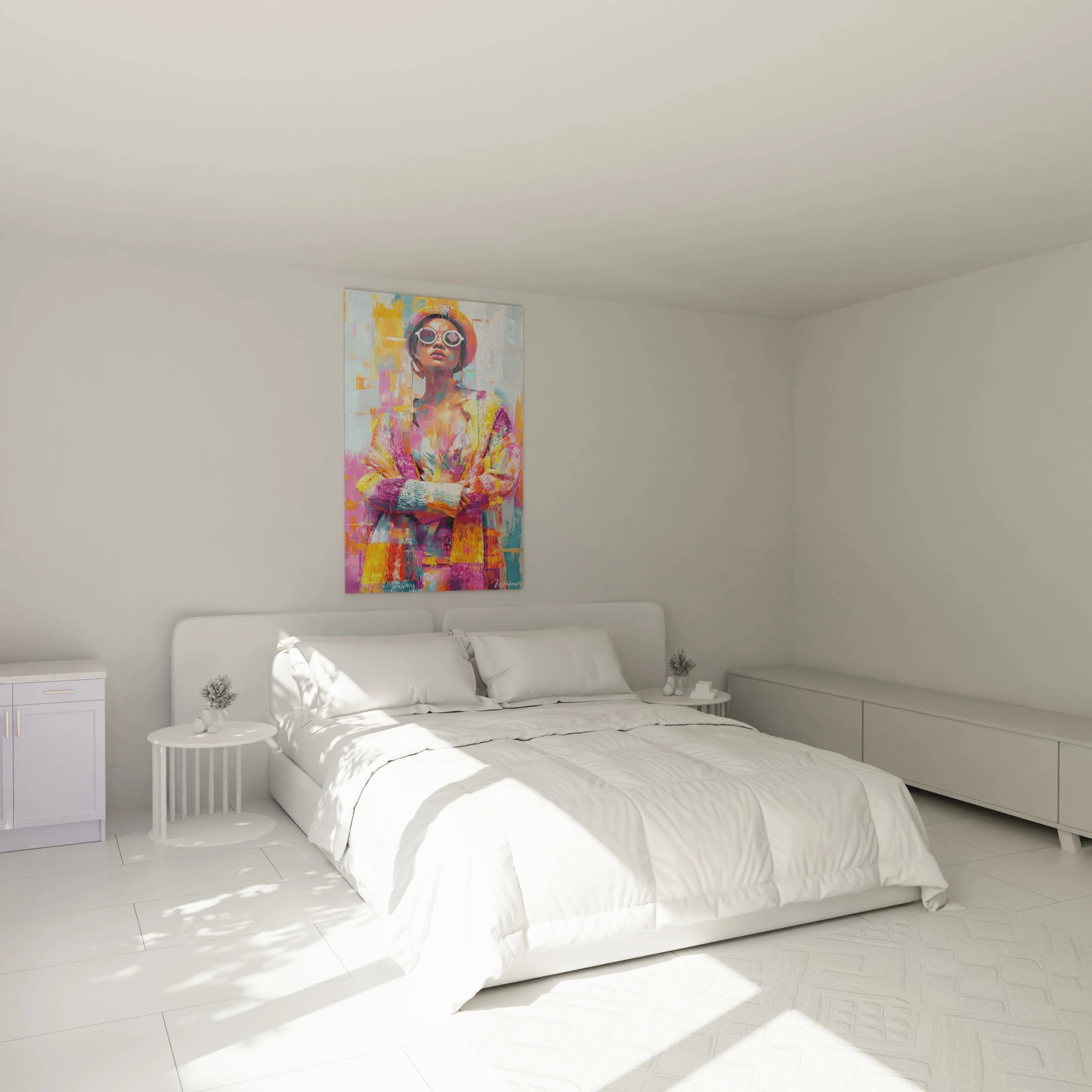 Tableau portrait femme street art de Walensky, ajouté comme décoration dans une chambre moderne