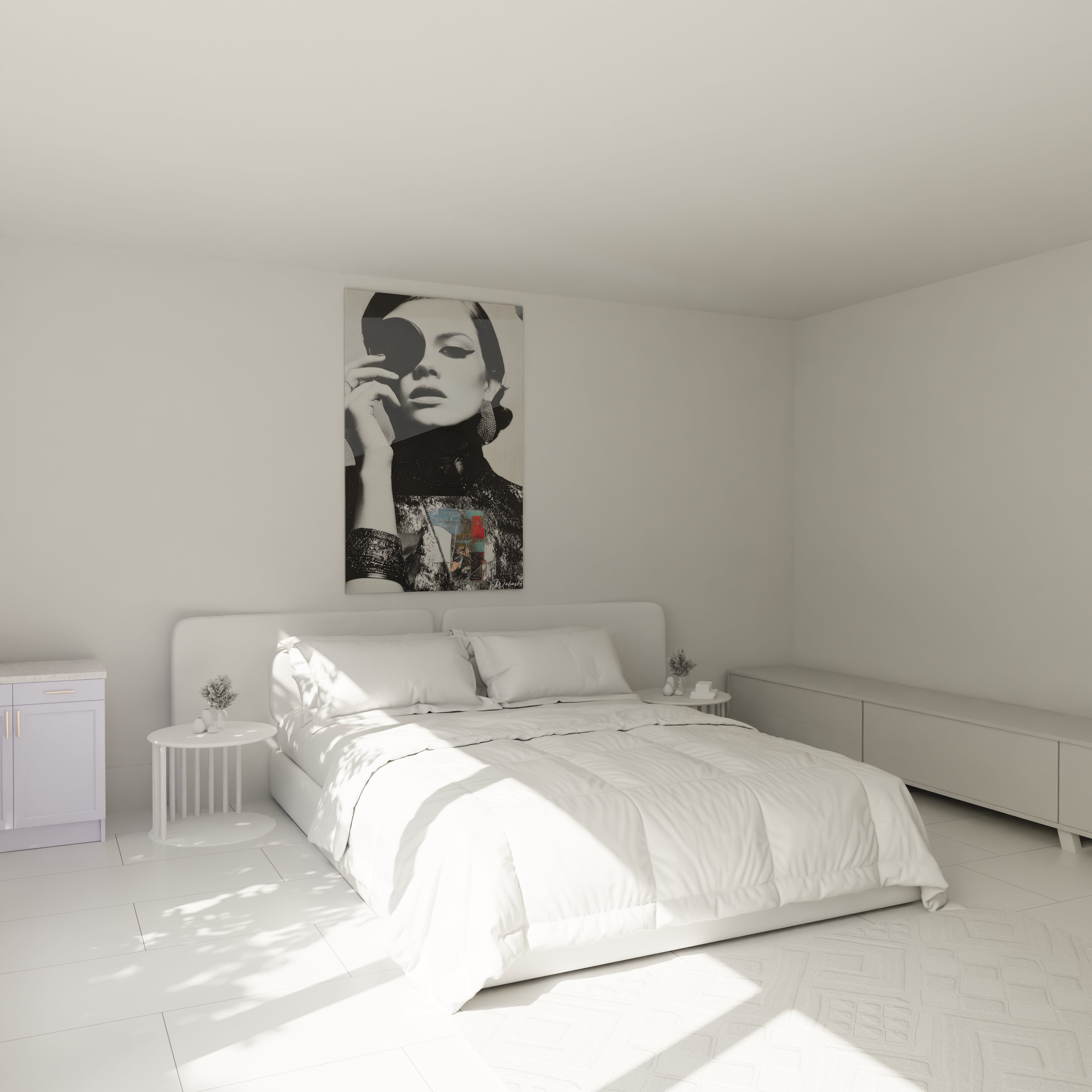 Tableau mural portrait femme vintage décorant une chambre moderne avec lit blanc et accessoires élégants