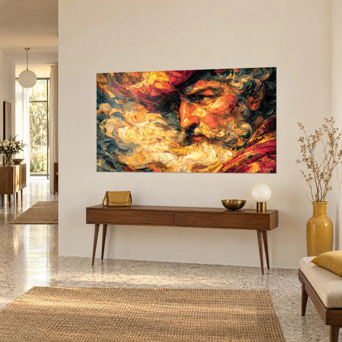 Schilderij portret van een zeevaarder met ivoorkleurige baard, spatelstreken in karmijnrood en oker, driekwart aanzicht, crème muur en houten console
