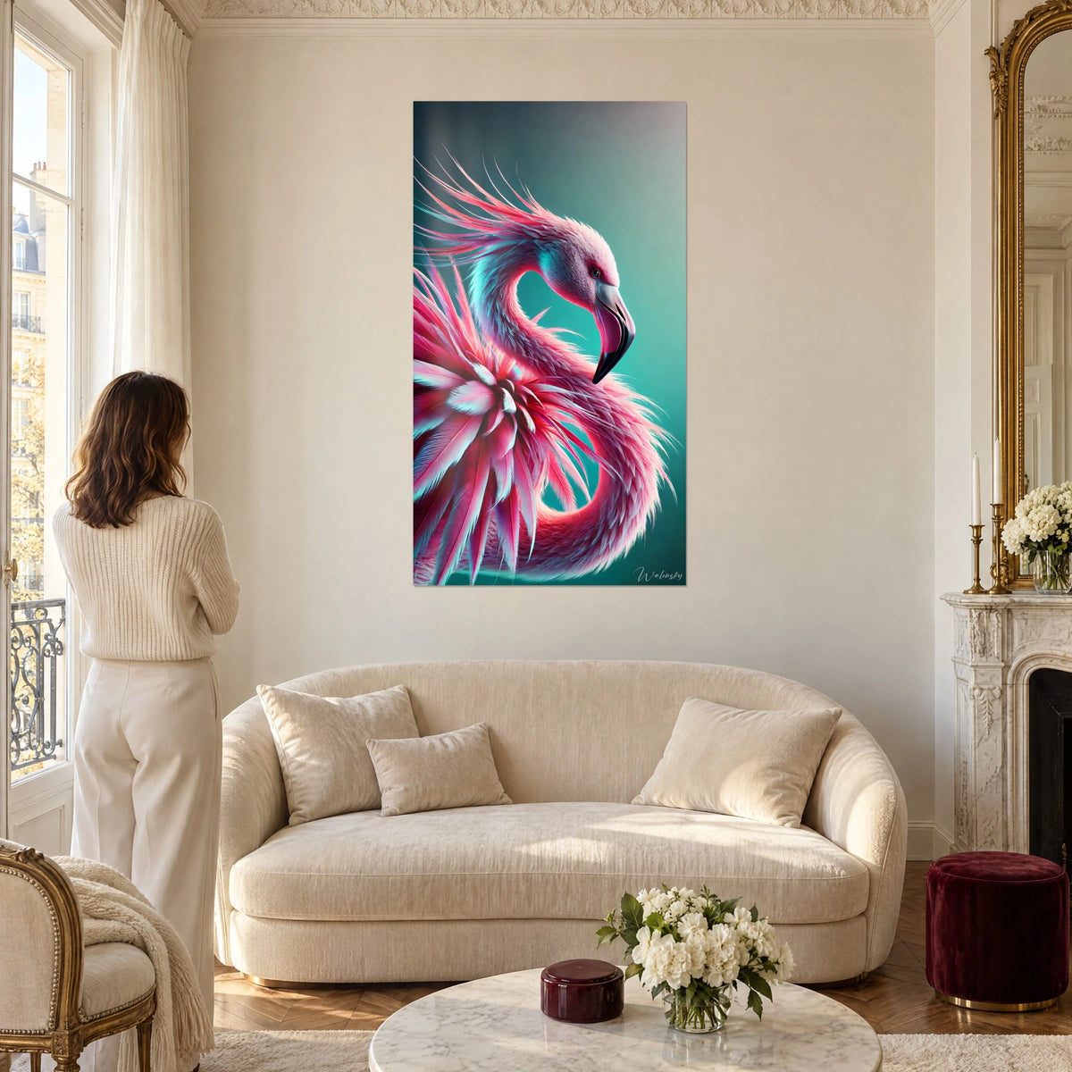 Cuadro de un flamenco rosa con plumas carmesí y turquesa, cuello en forma de S sobre fondo verde agua, encima de un sofá en un salón luminoso