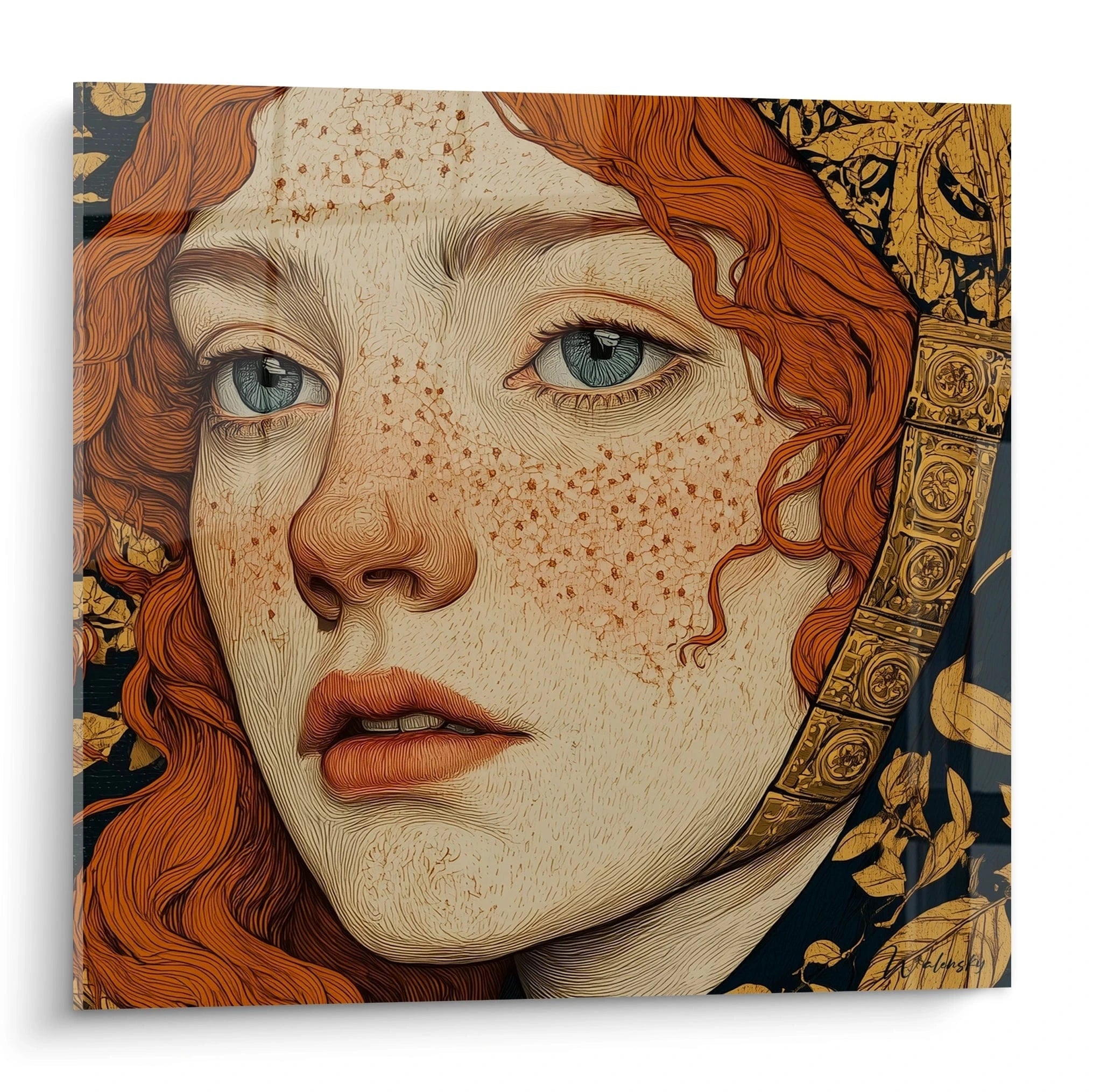 Tableau mural Walensky tableau art nouveau portrait d'une femme aux cheveux roux, taches de rousseur et ornement doré