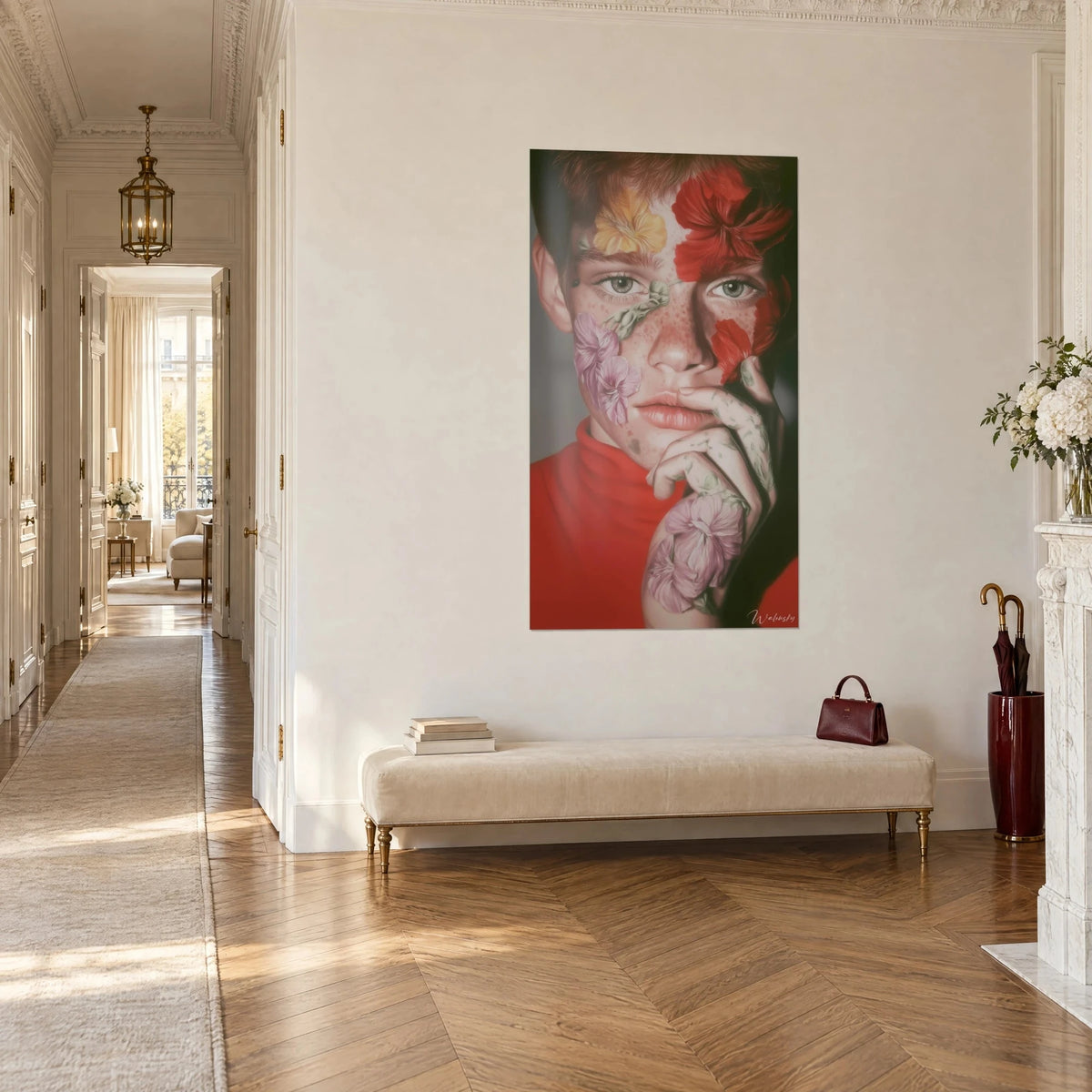 Wall art face of a teenager in a red sweater, hand under the chin, crimson and mauve petals, Haussmann corridor in three-quarter view