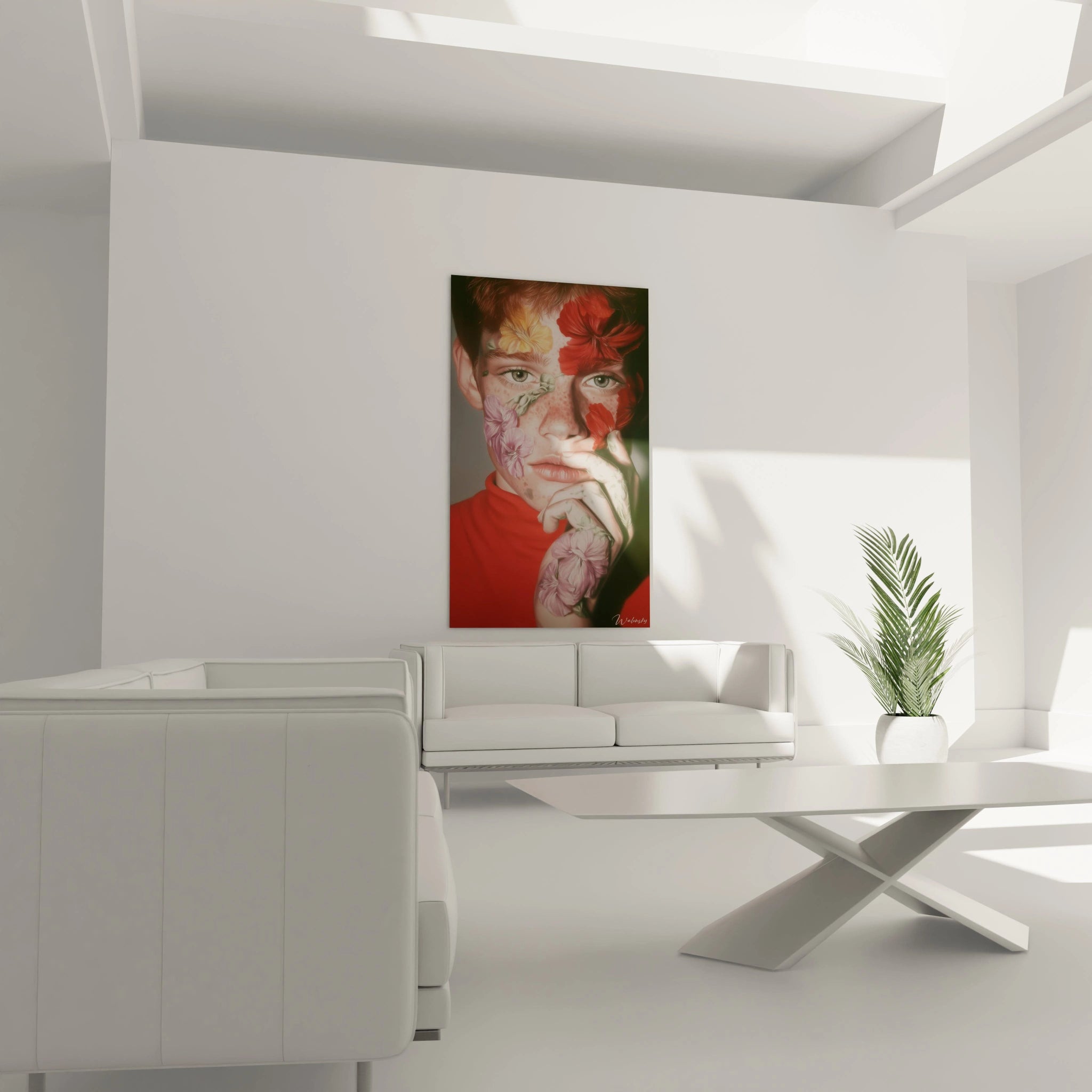 Tableau mural Walensky d'un portrait féminin peint de fleurs rouges, main près des lèvres, tableau portrait hyperréalisme