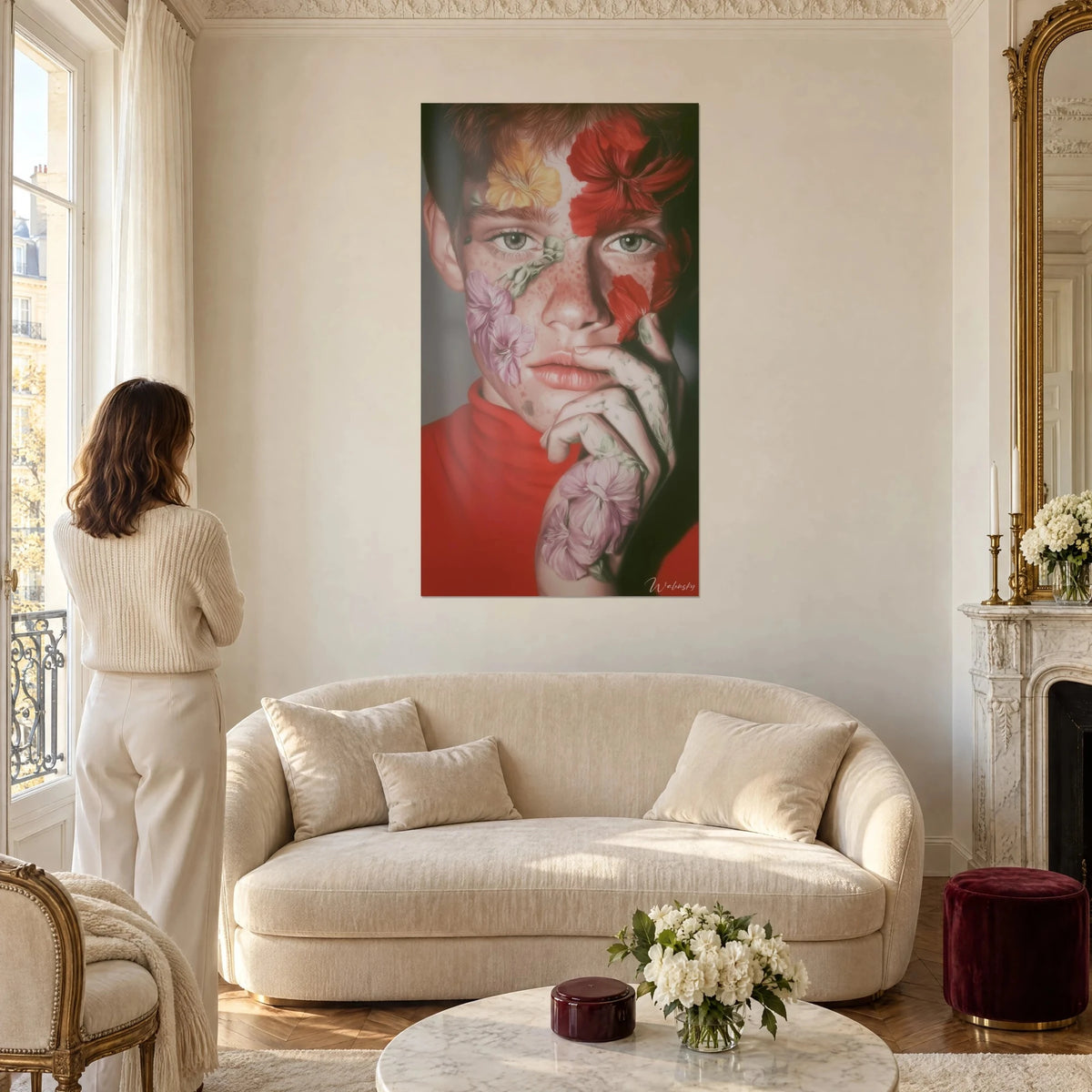 Wall art portrait of a red-haired boy with freckles, red and pink flowers on his face, above a sofa in a bright living room