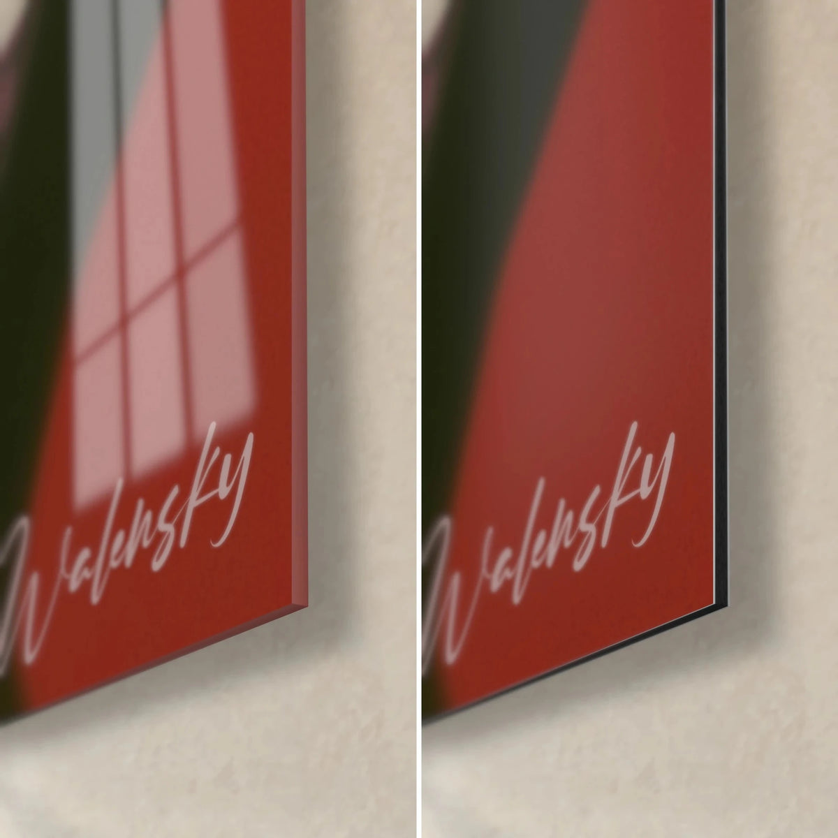 Wall art young man in a red sweater, lower right corner: glossy acrylic glass with reflections and matte black Dibond, white Walensky signature