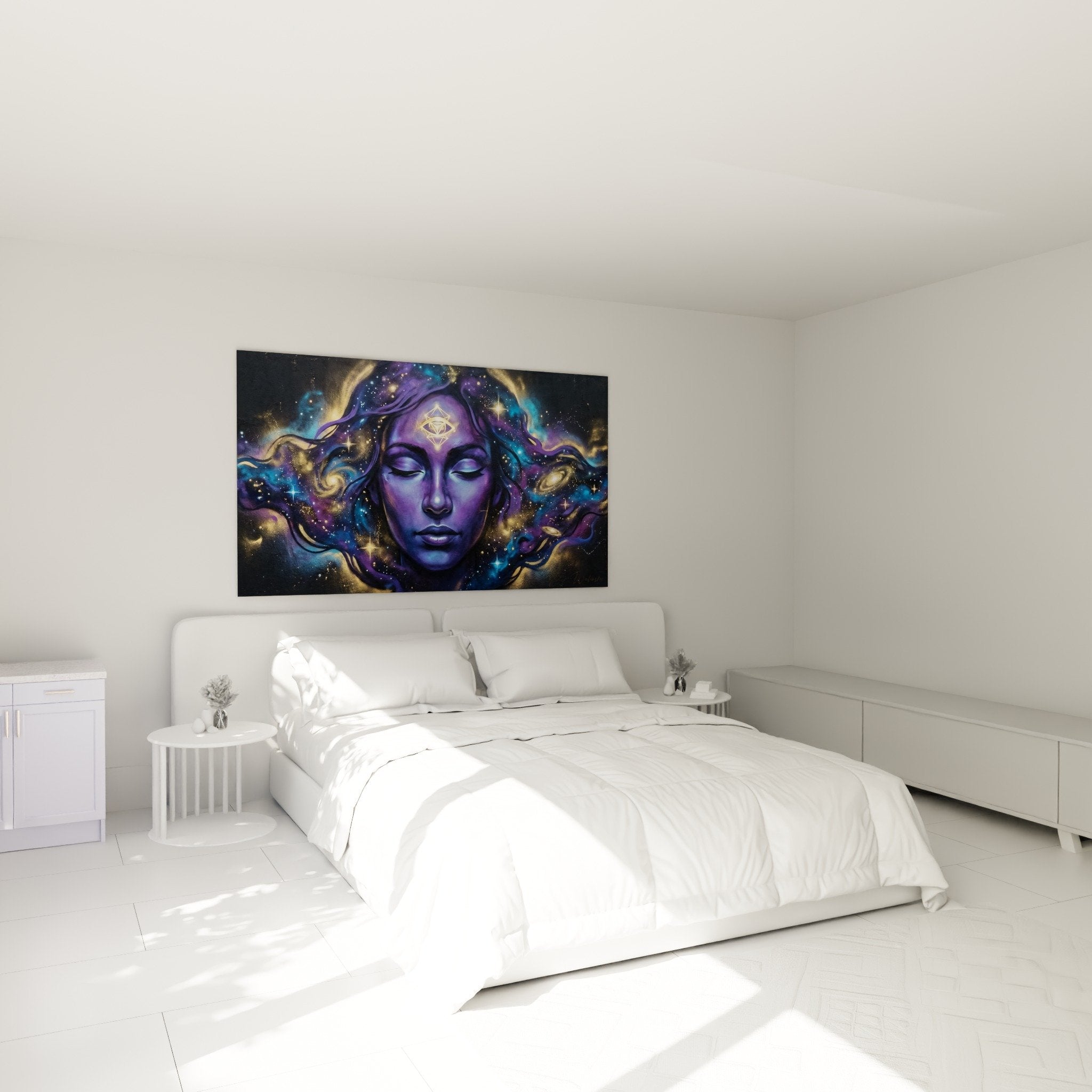 Tableau portrait galactique violet accroche chambre decoration murale cosmique moderne